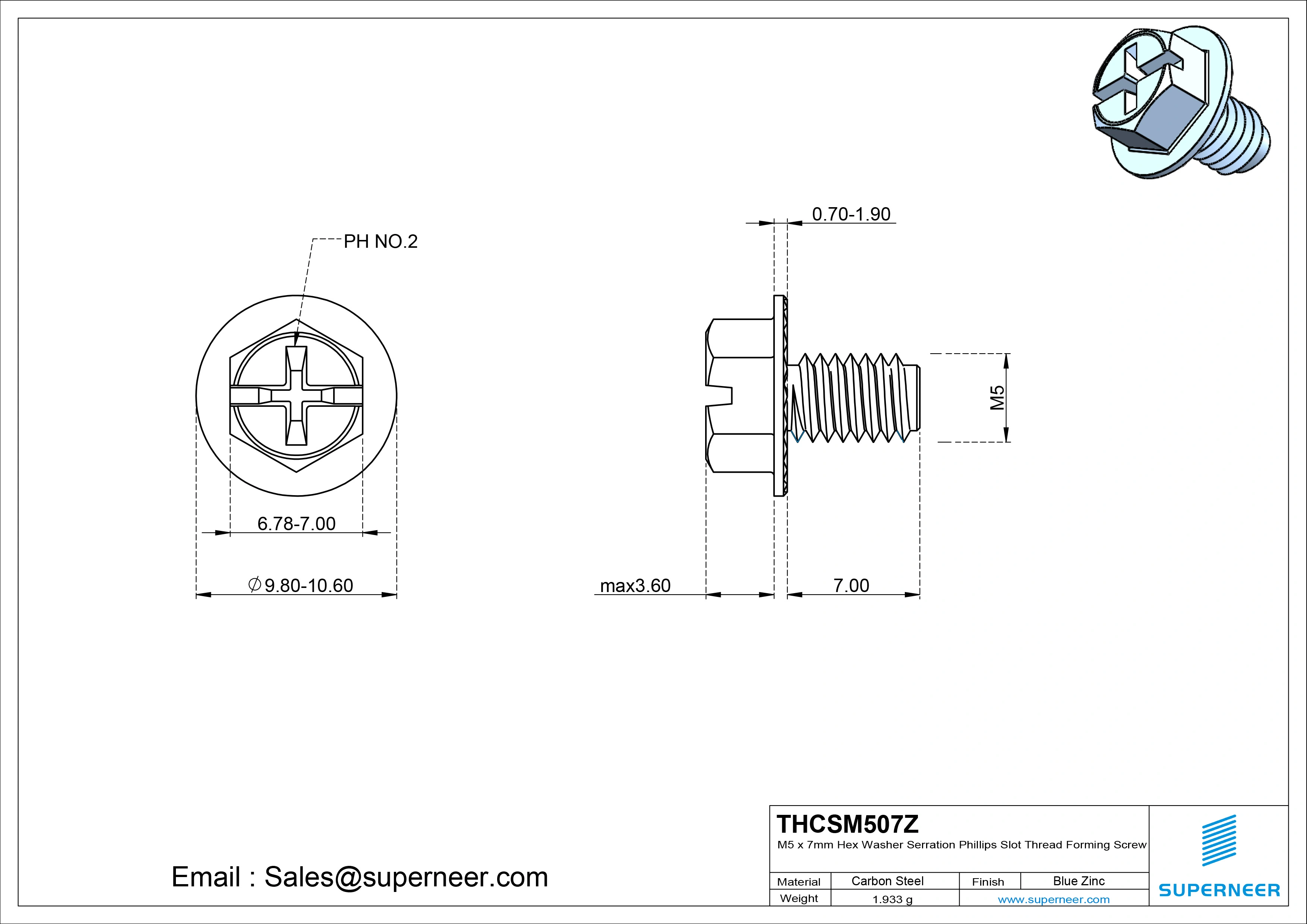 M5 &times; 7mm Indented Hex Washer Serrattion Phillips Slot Thread Forming Screws for Metal Steel Blue Zinc Plated