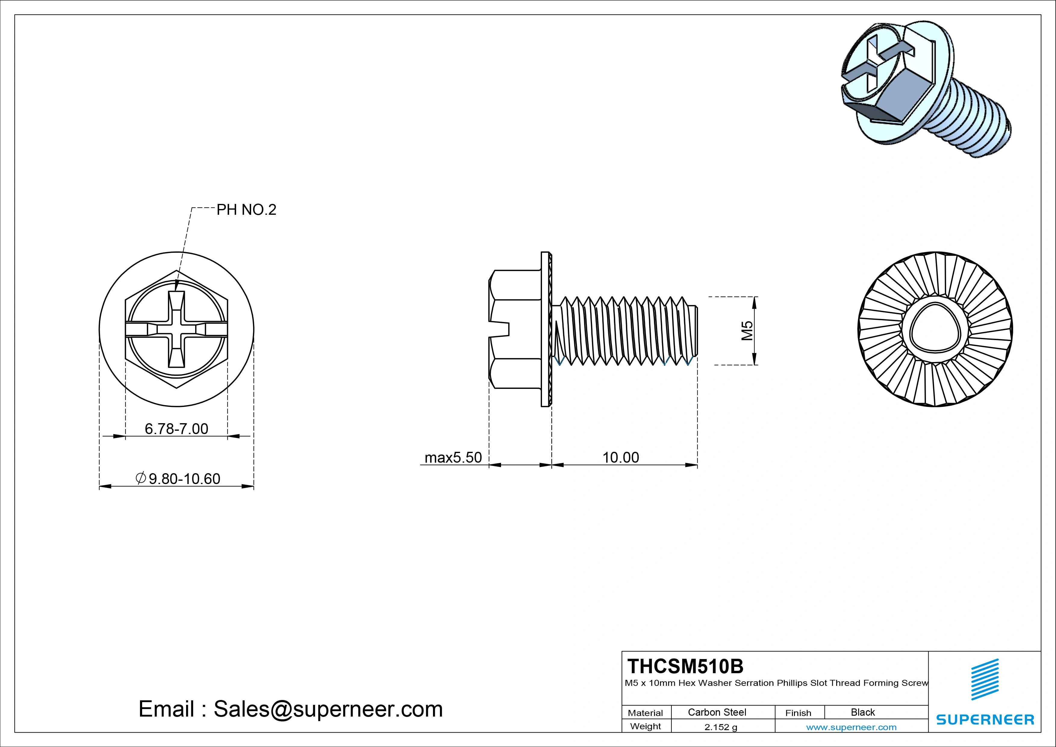 M5 &times; 10mm Indented Hex Washer Serrattion Phillips Slot Thread Forming Screws for Metal Steel Black