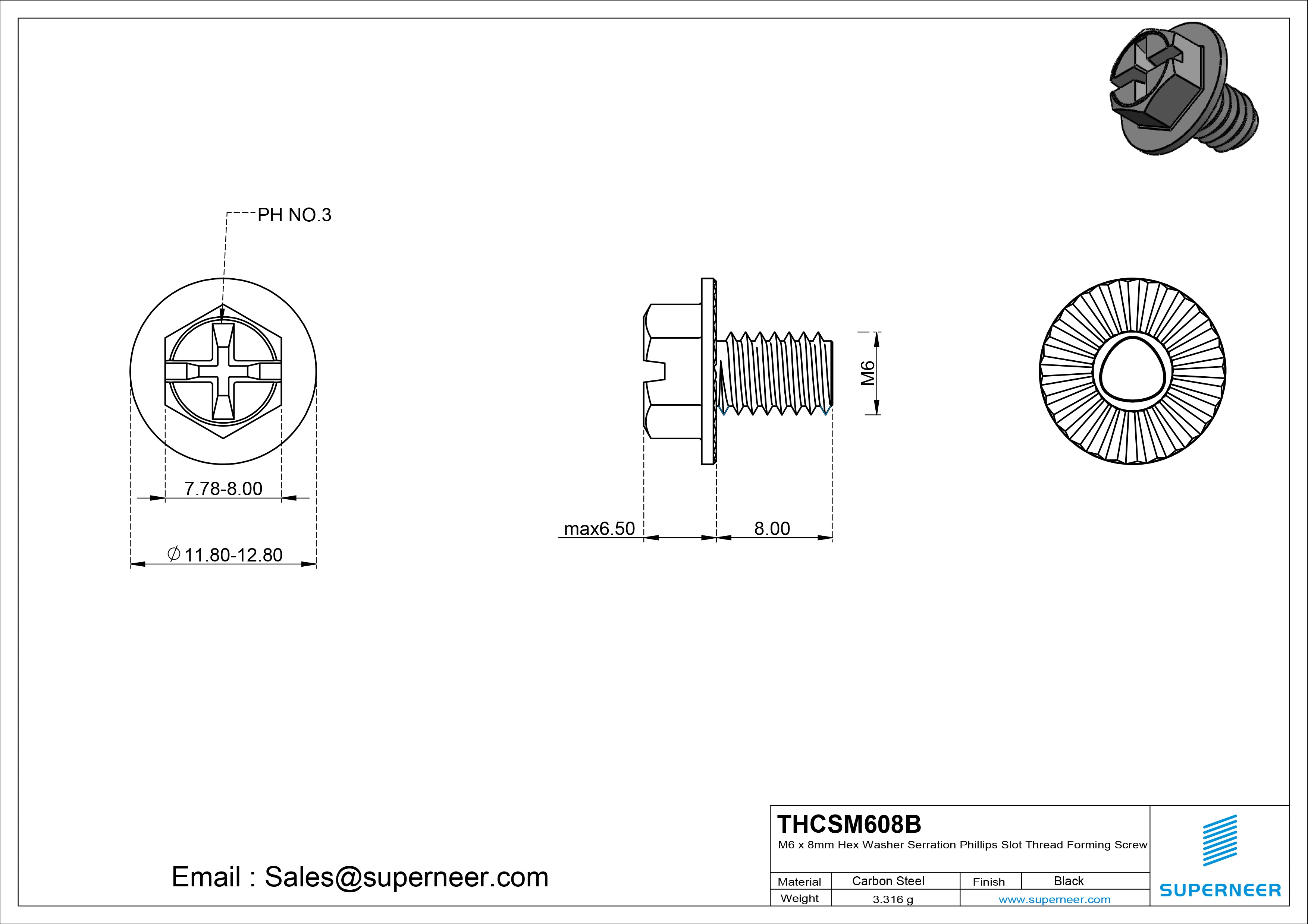 M6 &times; 8mm Indented Hex Washer Serrattion Phillips Slot Thread Forming Screws for Metal Steel Black