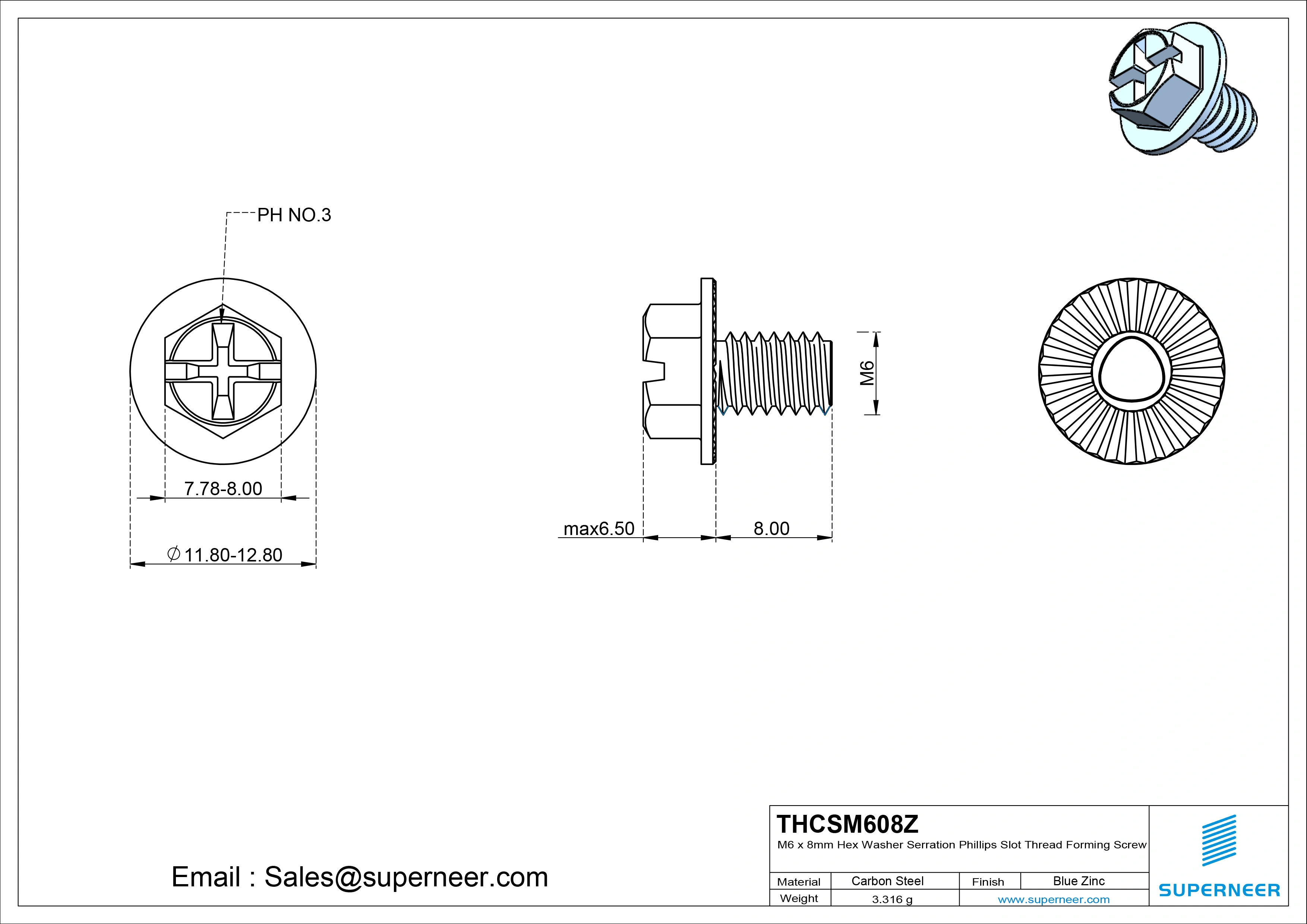 M6 &times; 8mm Indented Hex Washer Serrattion Phillips Slot Thread Forming Screws for Metal Steel Blue Zinc Plated
