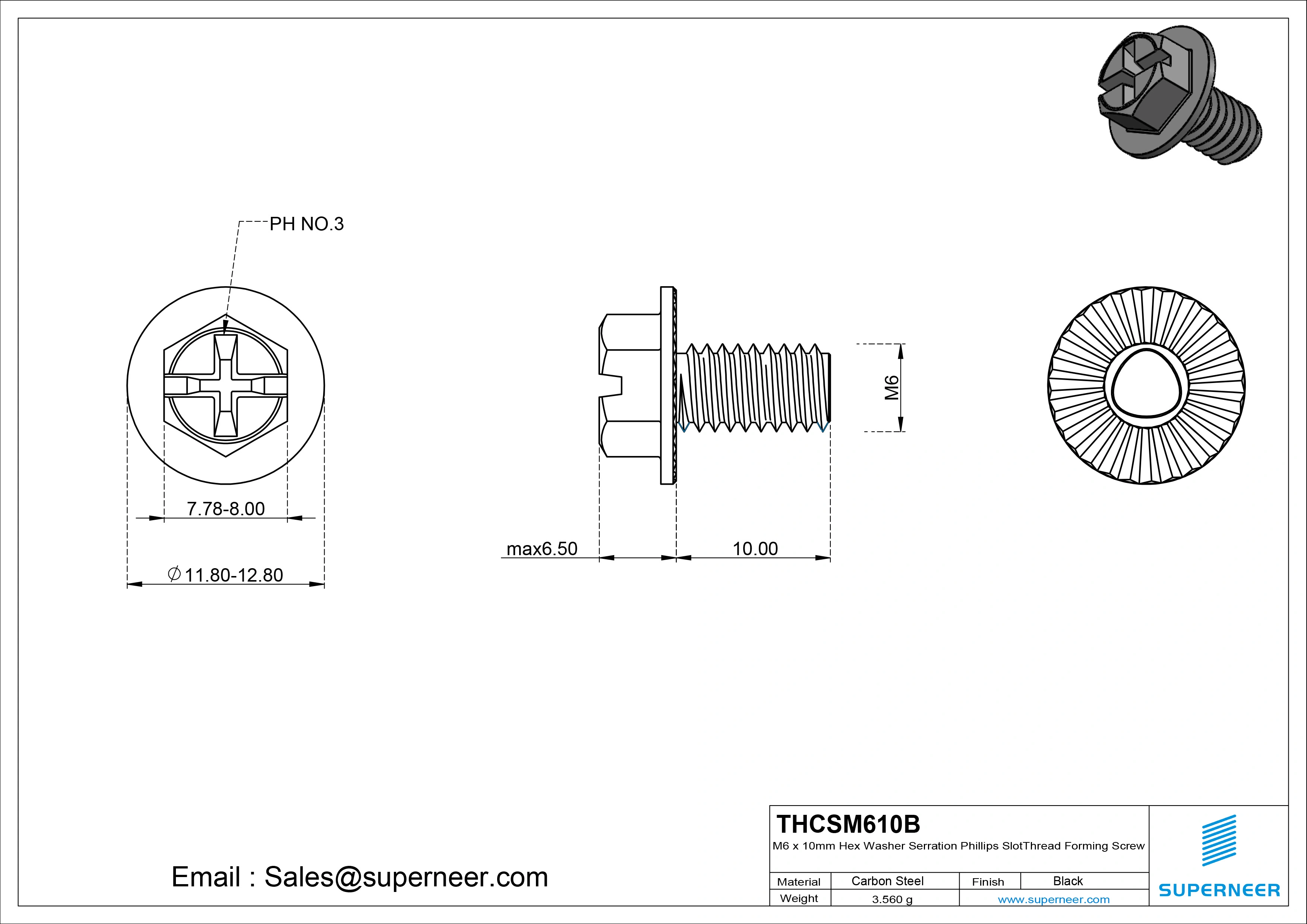 M6 &times; 10mm Indented Hex Washer Serrattion Phillips Slot Thread Forming Screws for Metal Steel Black