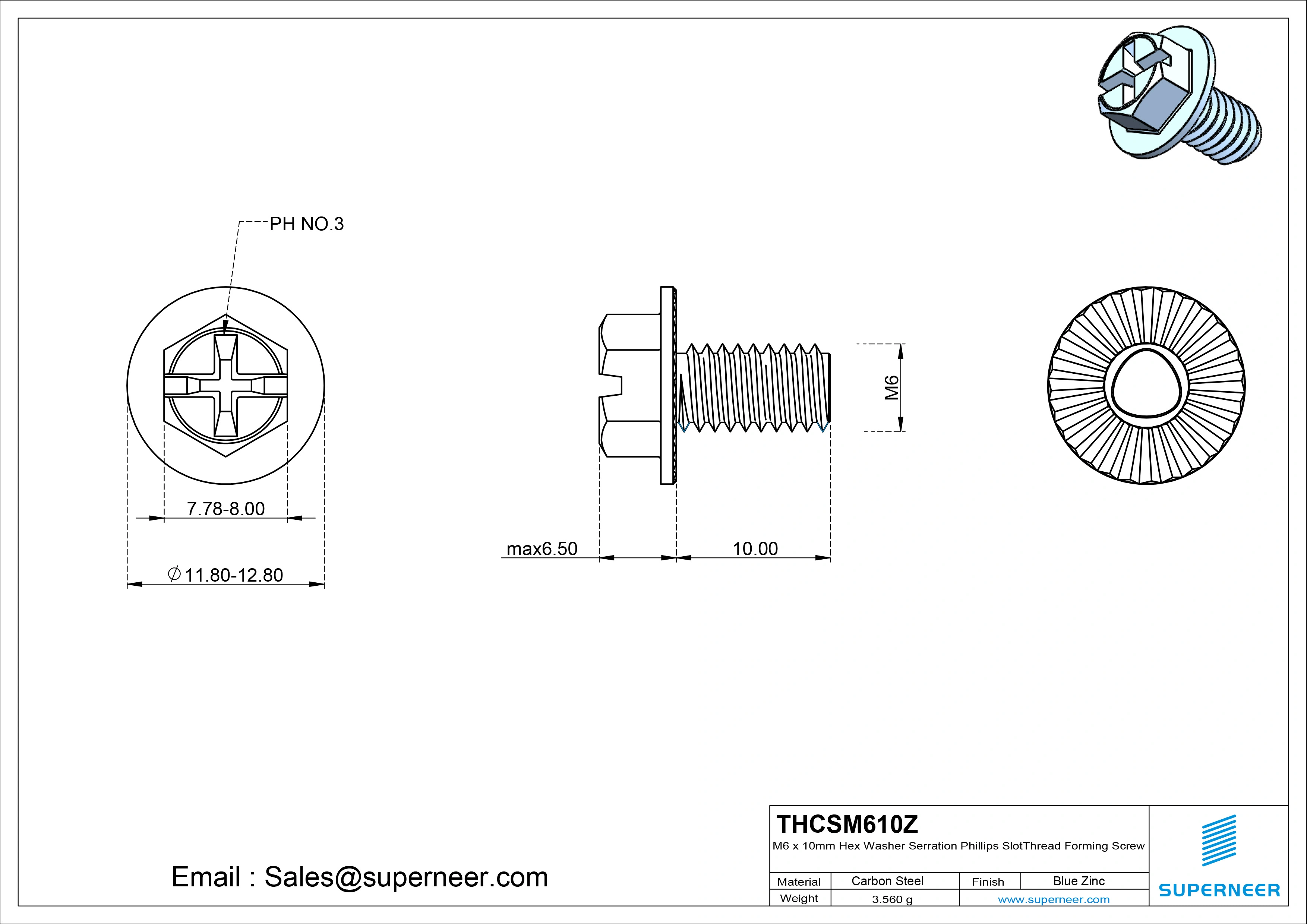 M6 &times; 10mm Indented Hex Washer Serrattion Phillips Slot Thread Forming Screws for Metal Steel Blue Zinc Plated