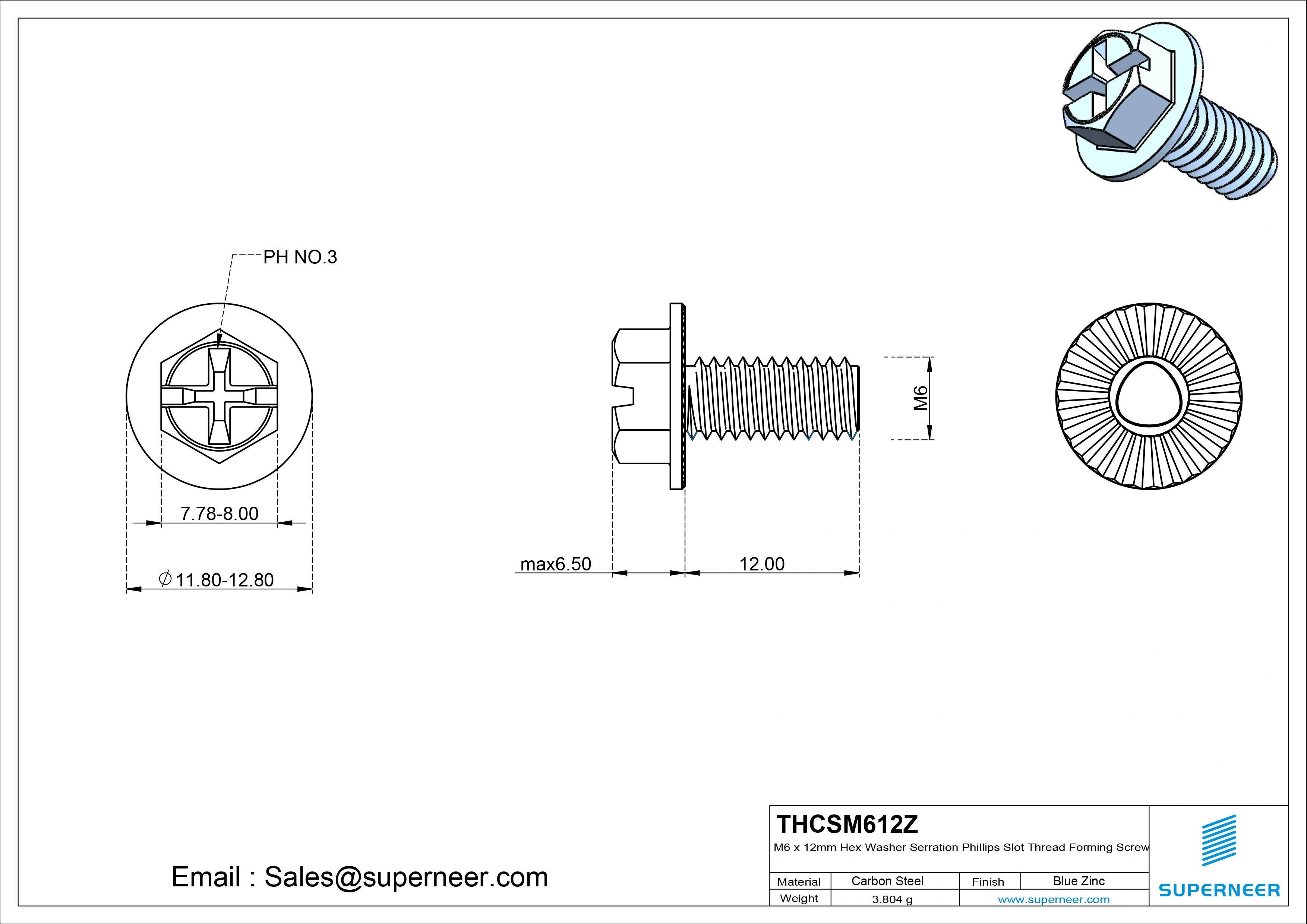 M6 &times; 12mm Indented Hex Washer Serrattion Phillips Slot Thread Forming Screws for Metal Steel Blue Zinc Plated