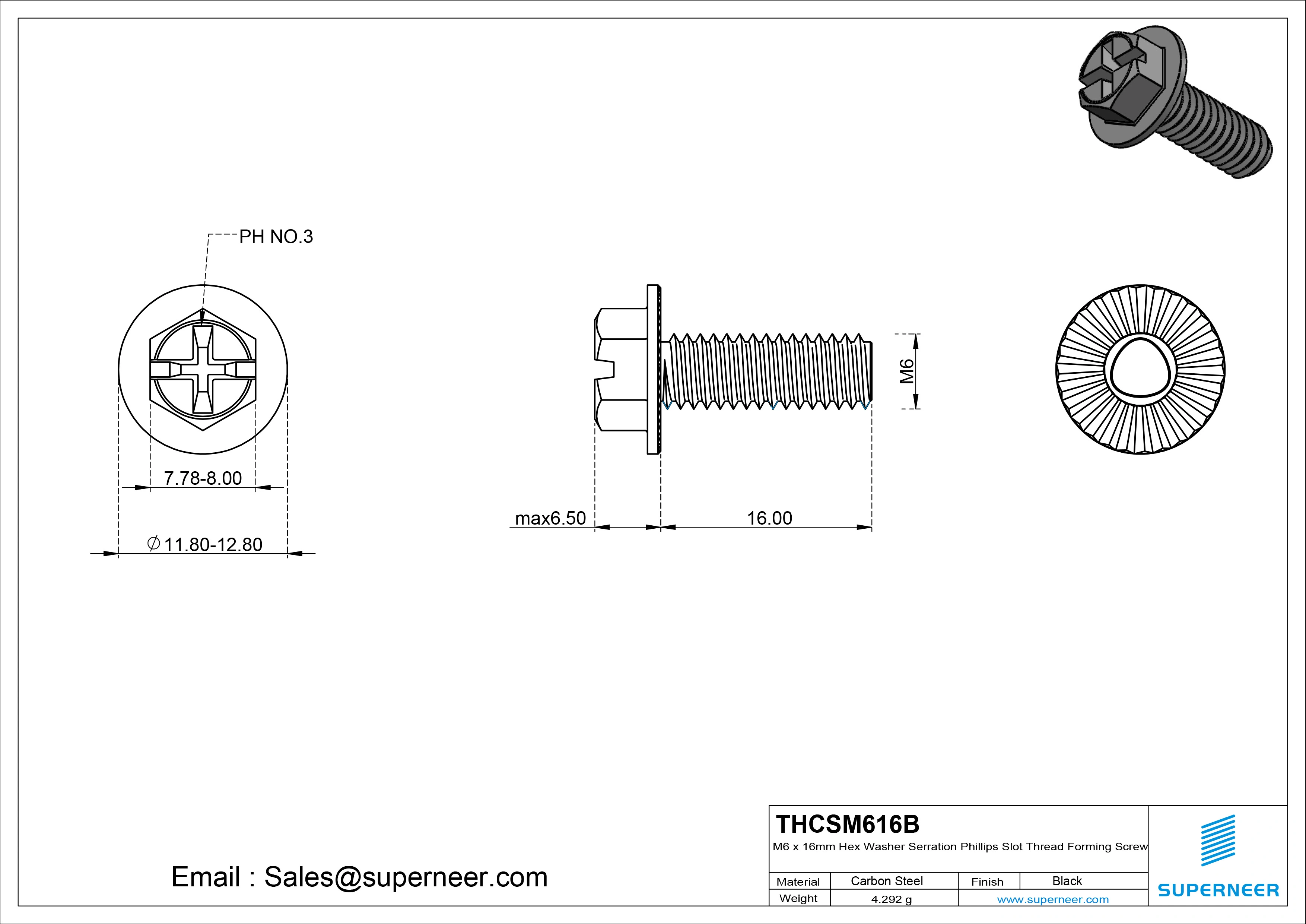 M6 &times; 16mm Indented Hex Washer Serrattion Phillips Slot Thread Forming Screws for Metal Steel Black