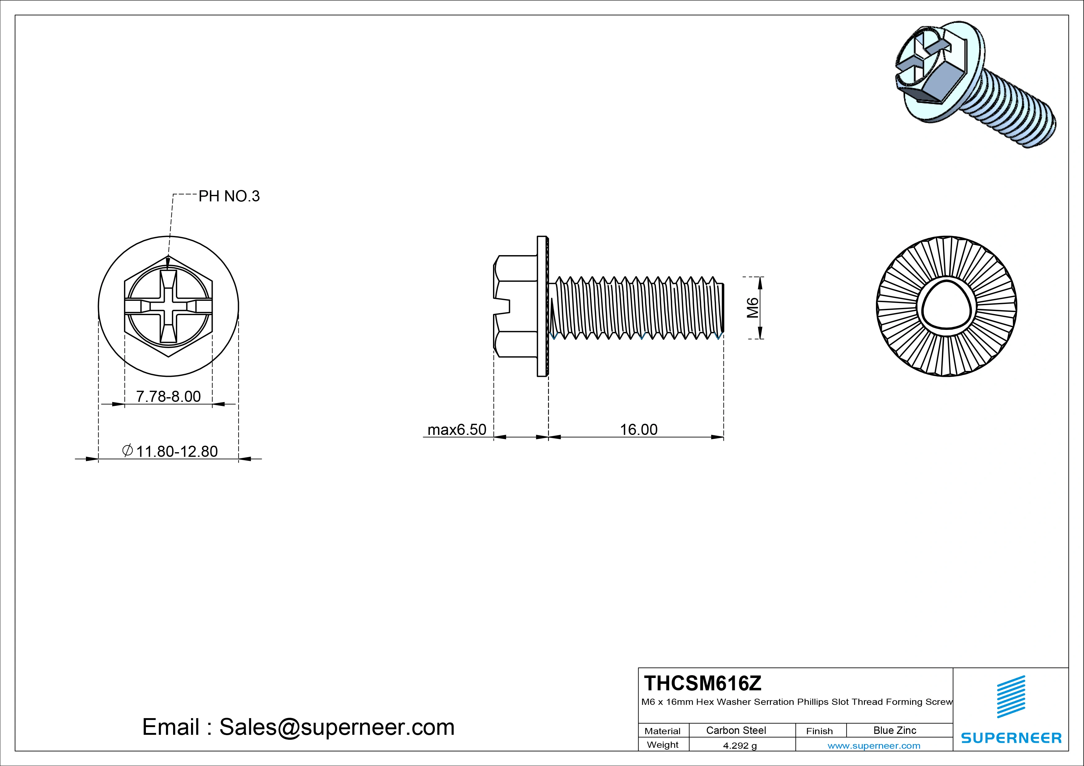 M6 &times; 16mm Indented Hex Washer Serrattion Phillips Slot Thread Forming Screws for Metal Steel Blue Zinc Plated