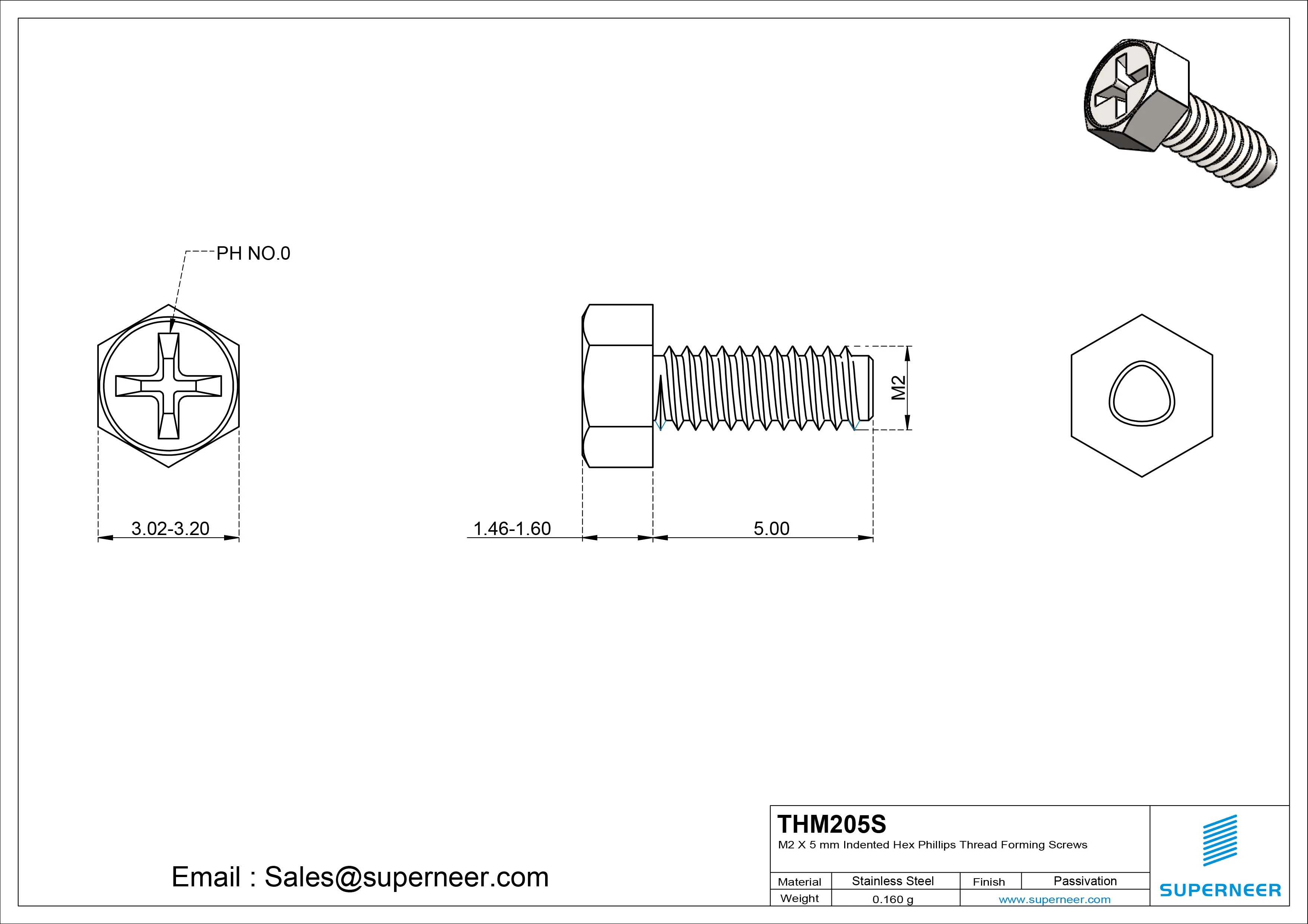 M2 &times; 5mm Indented Hex Phillips Thread Forming Screws for Metal SUS304 Stainless Steel Inox