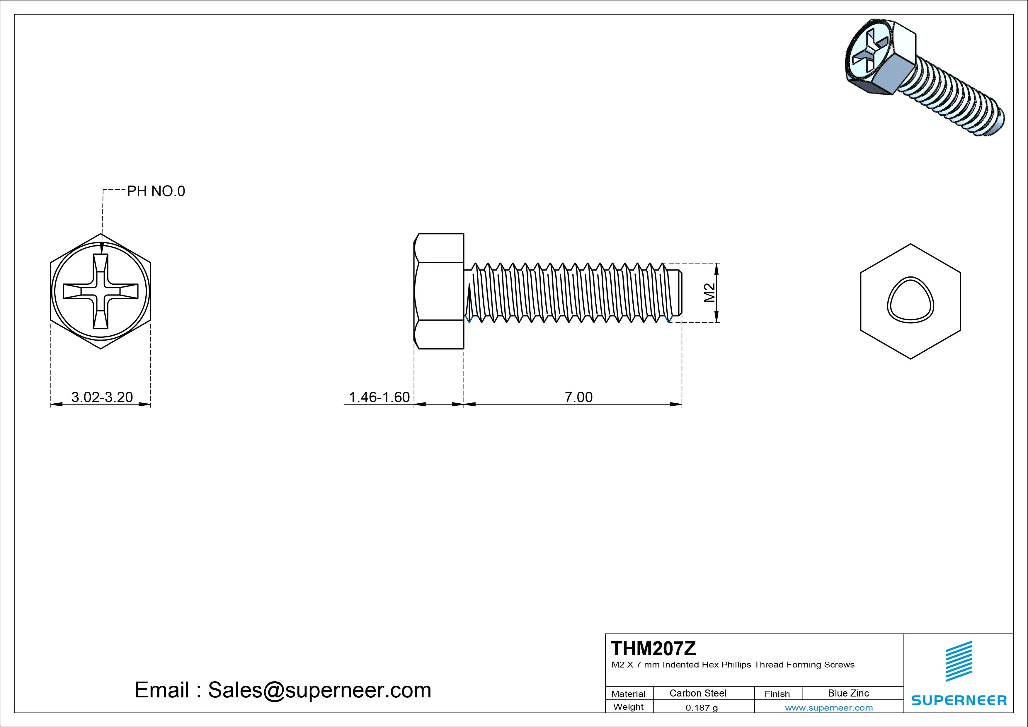M2 &times; 7mm Indented Hex Phillips Thread Forming Screws for Metal Steel Blue Zinc Plated