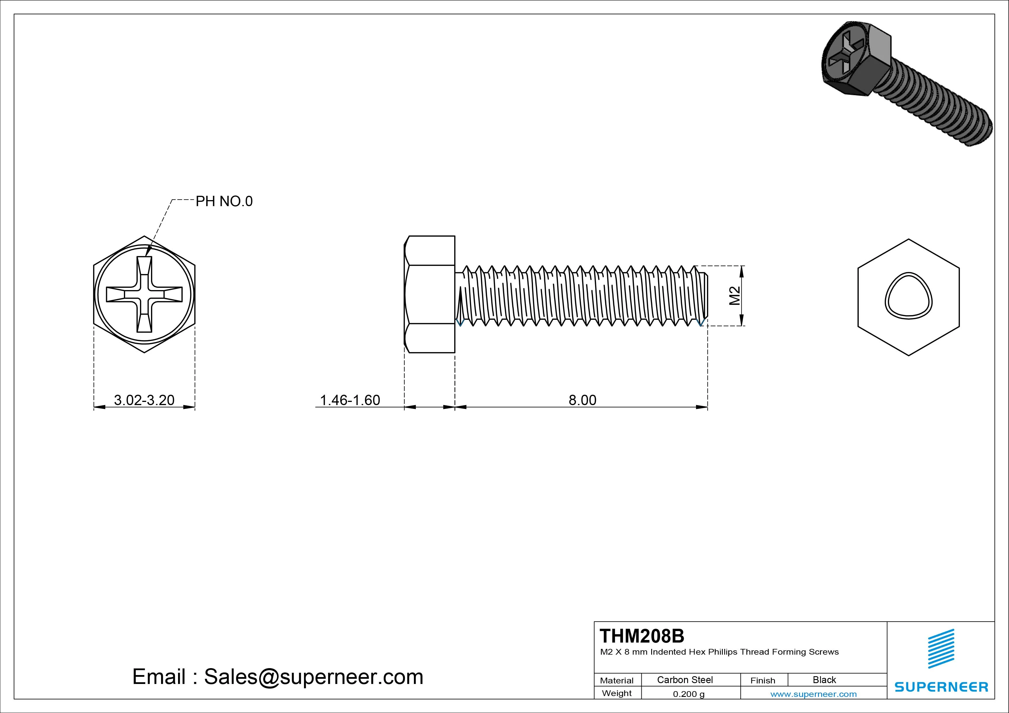 M2 &times; 8mm Indented Hex Phillips Thread Forming Screws for Metal Steel Black
