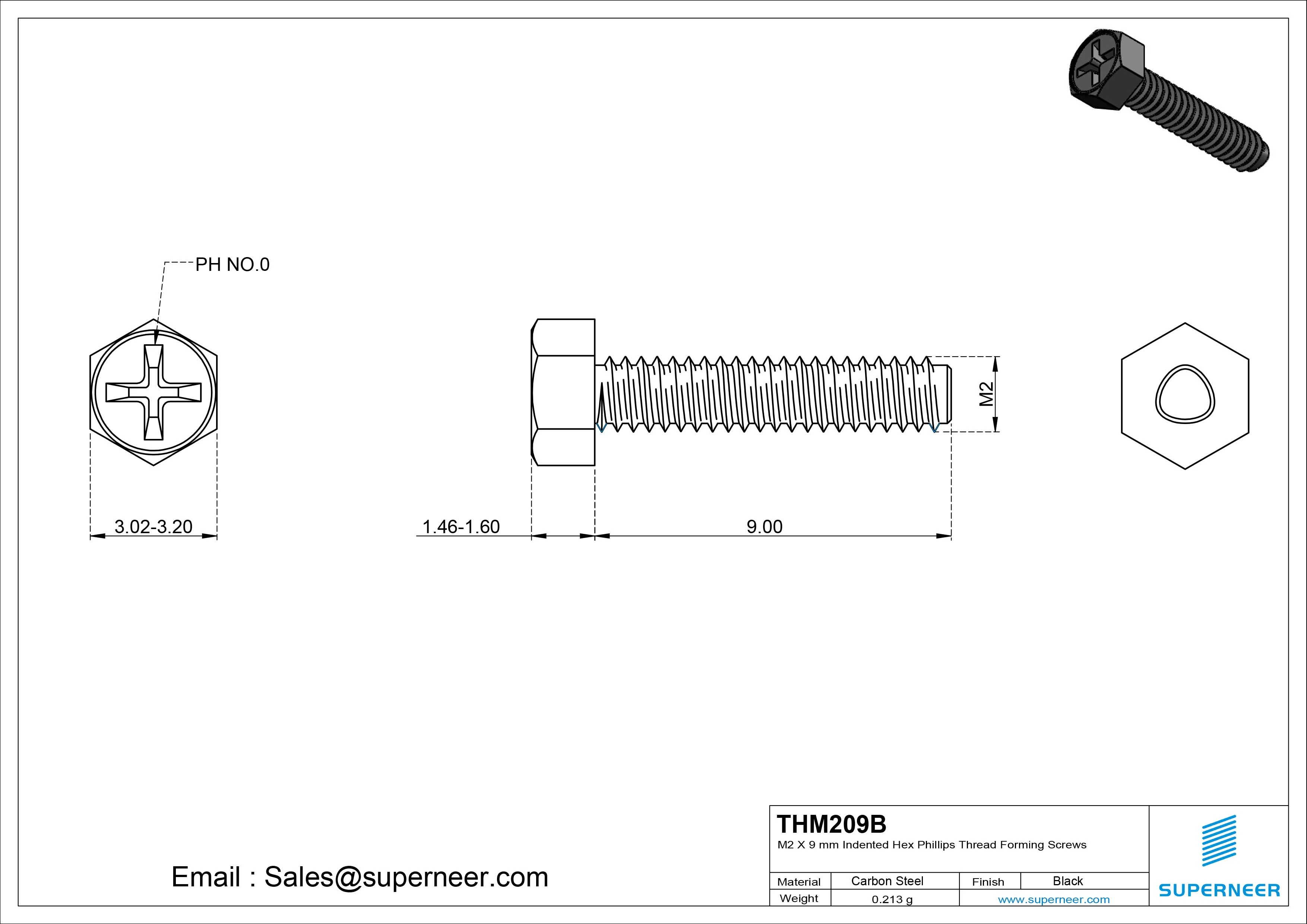 M2 &times; 9mm Indented Hex Phillips Thread Forming Screws for Metal Steel Black