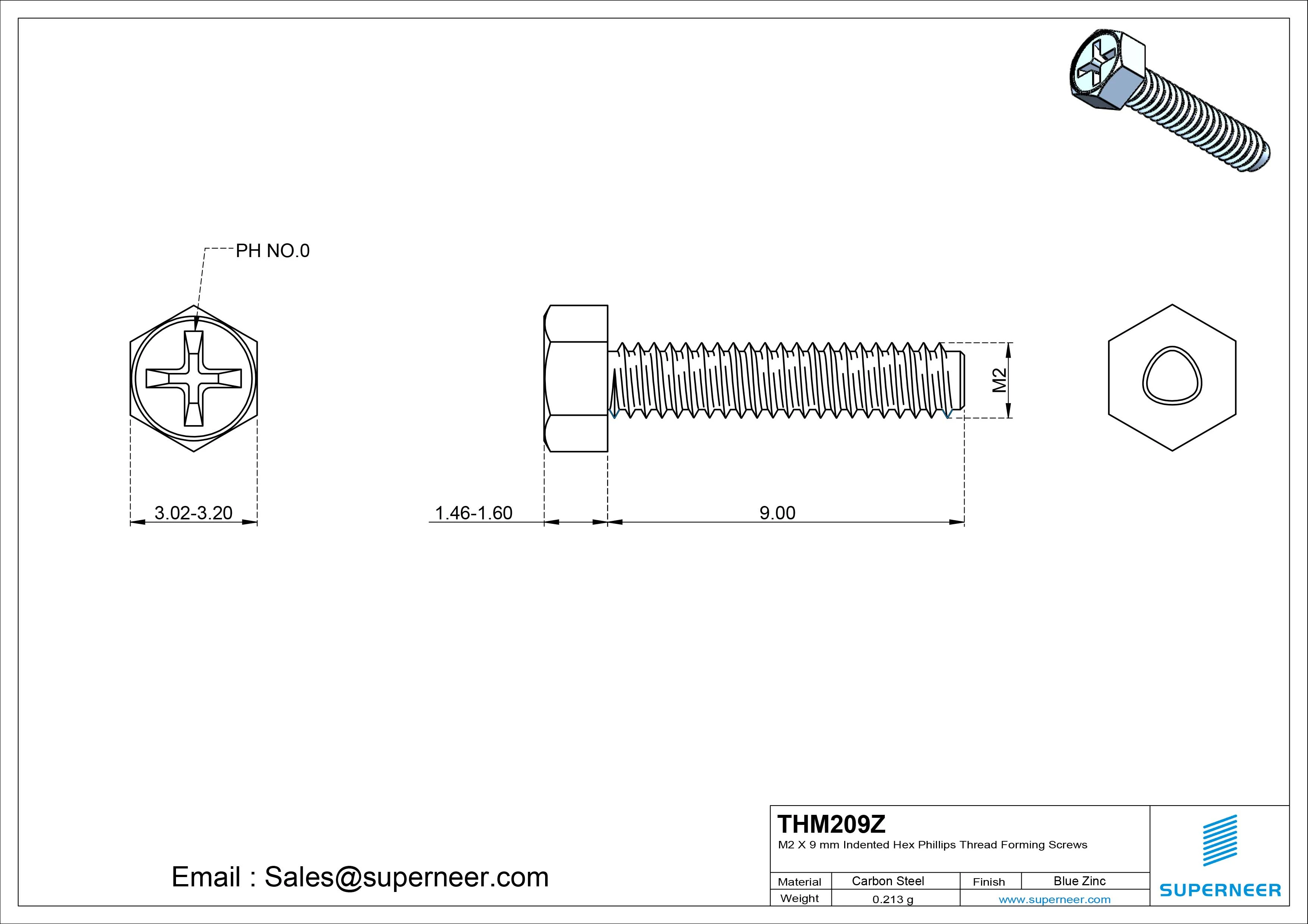 M2 &times; 9mm Indented Hex Phillips Thread Forming Screws for Metal Steel Blue Zinc Plated