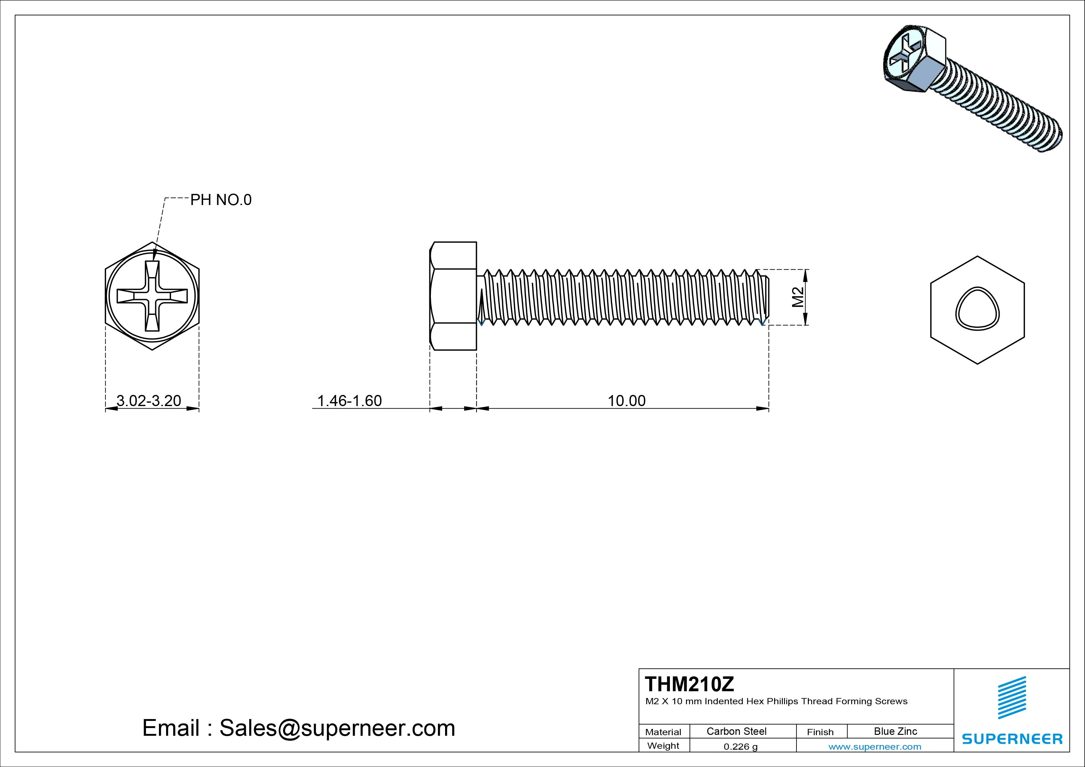 M2 &times; 10mm Indented Hex Phillips Thread Forming Screws for Metal Steel Blue Zinc Plated