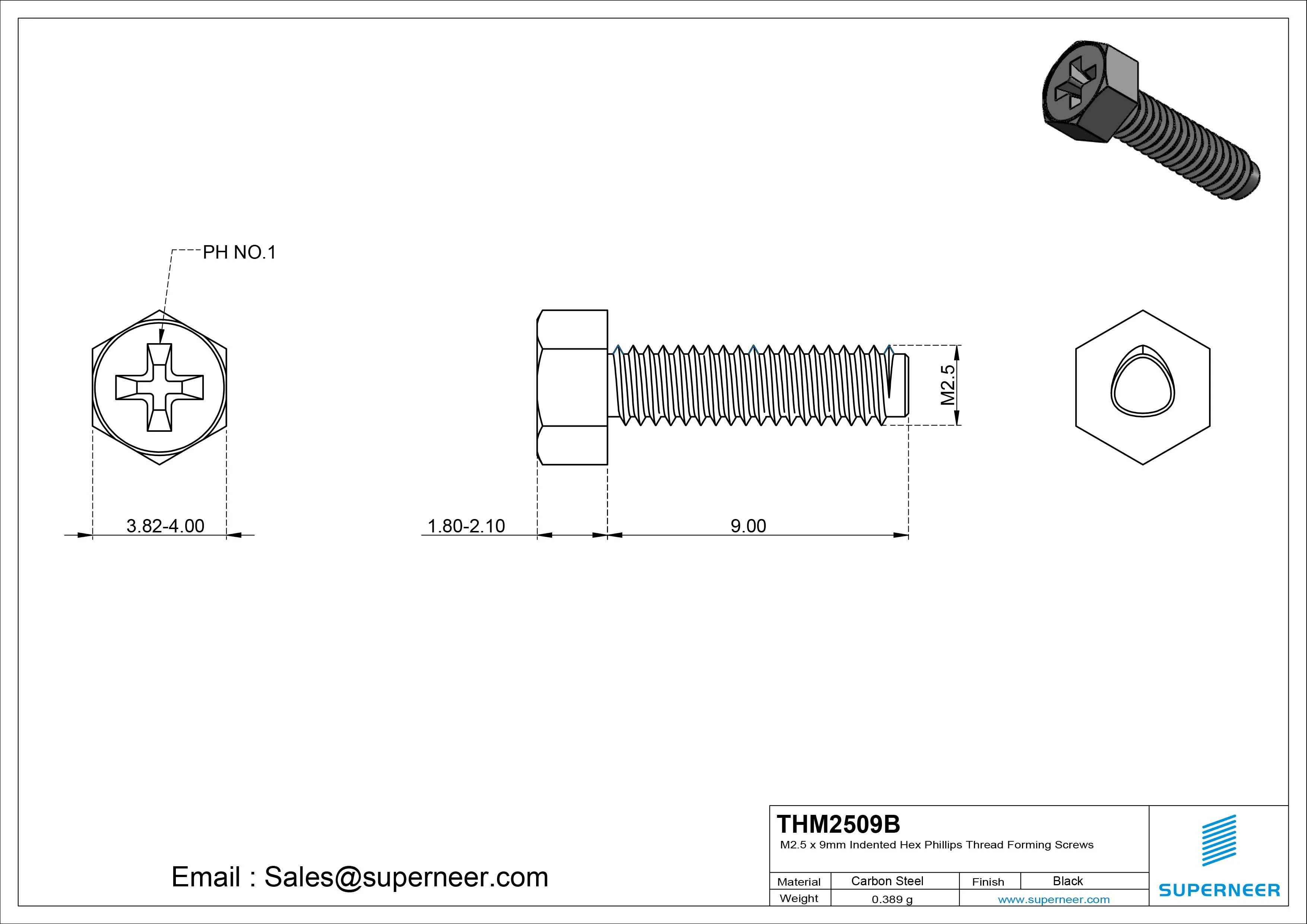 M2.5 &times; 9mm Indented Hex Phillips Thread Forming Screws for Metal Steel Black