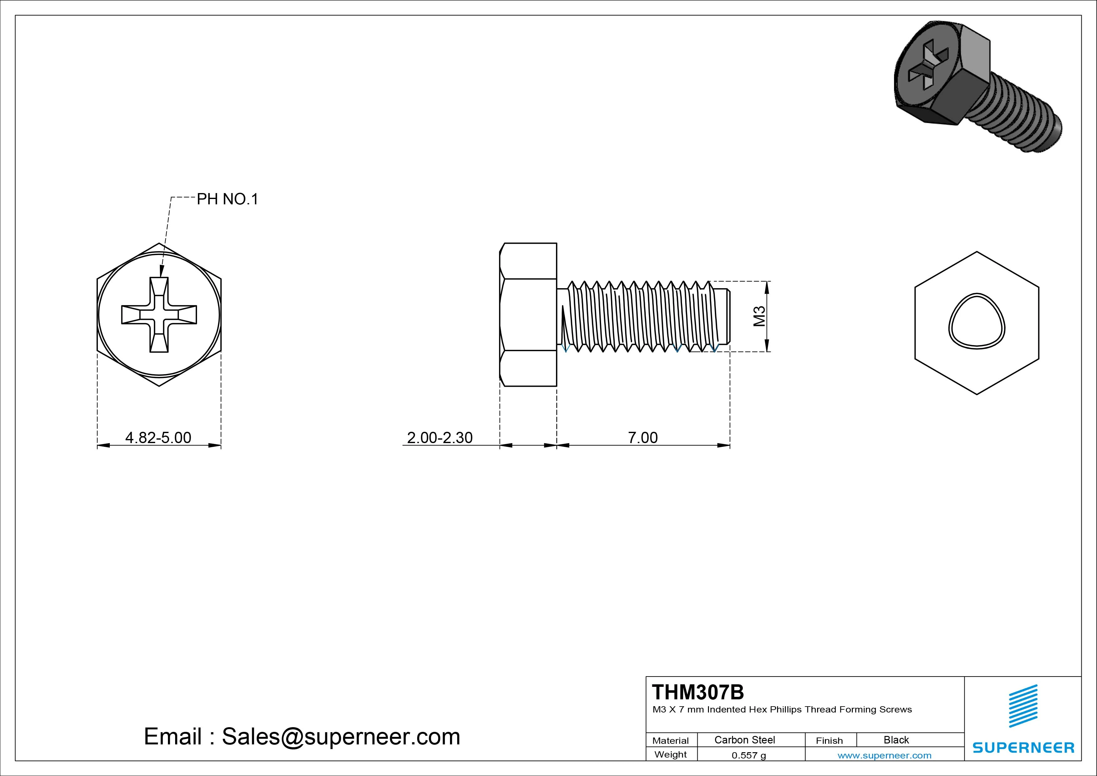 M3 &times; 7mm Indented Hex Phillips Thread Forming Screws for Metal Steel Black
