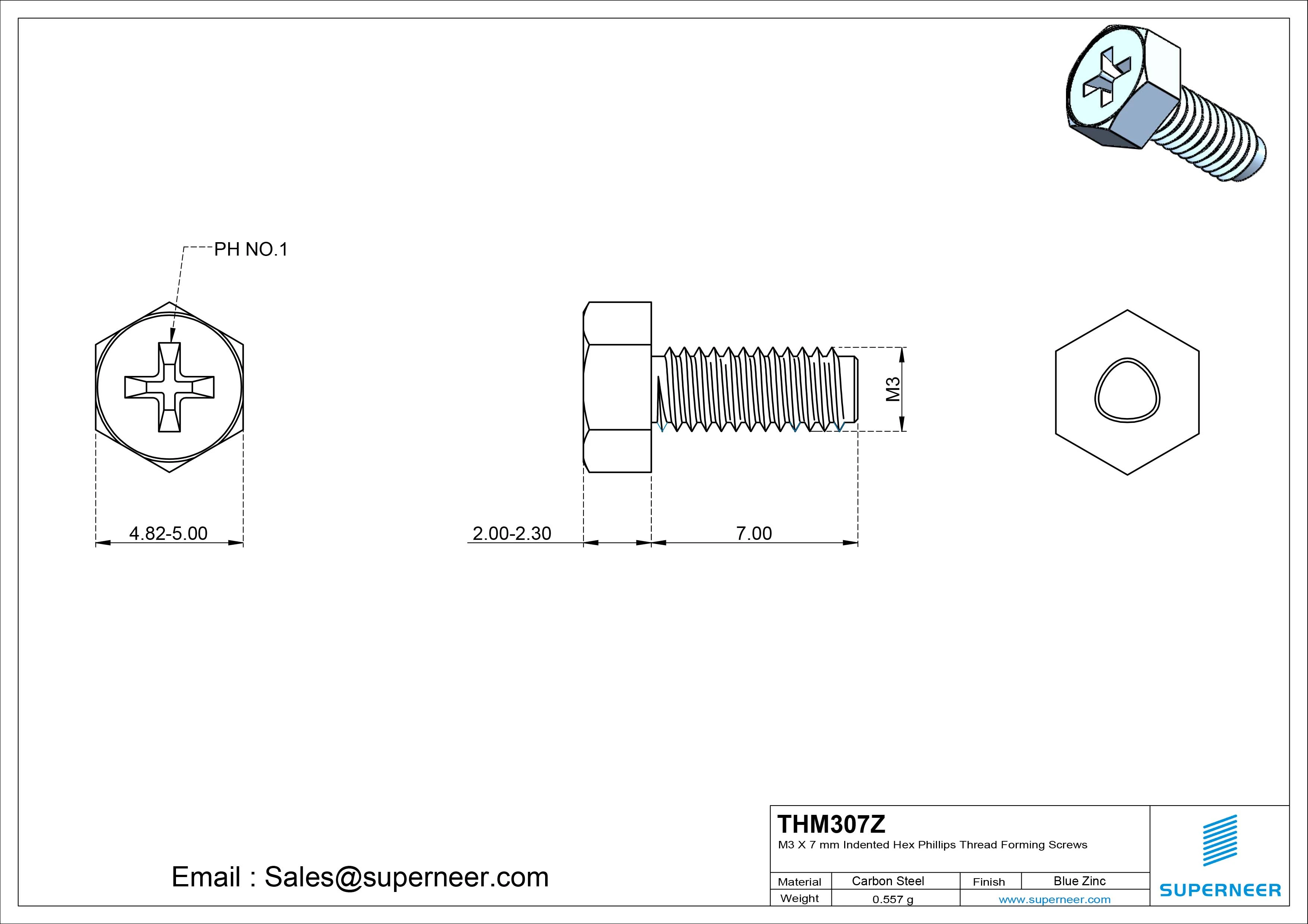 M3 &times; 7mm Indented Hex Phillips Thread Forming Screws for Metal Steel Blue Zinc Plated