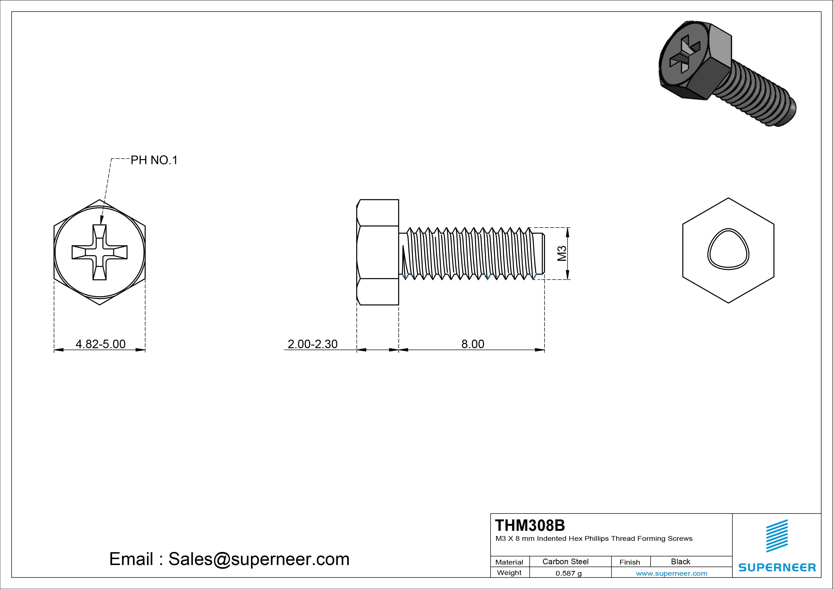 M3 &times; 8mm Indented Hex Phillips Thread Forming Screws for Metal Steel Black