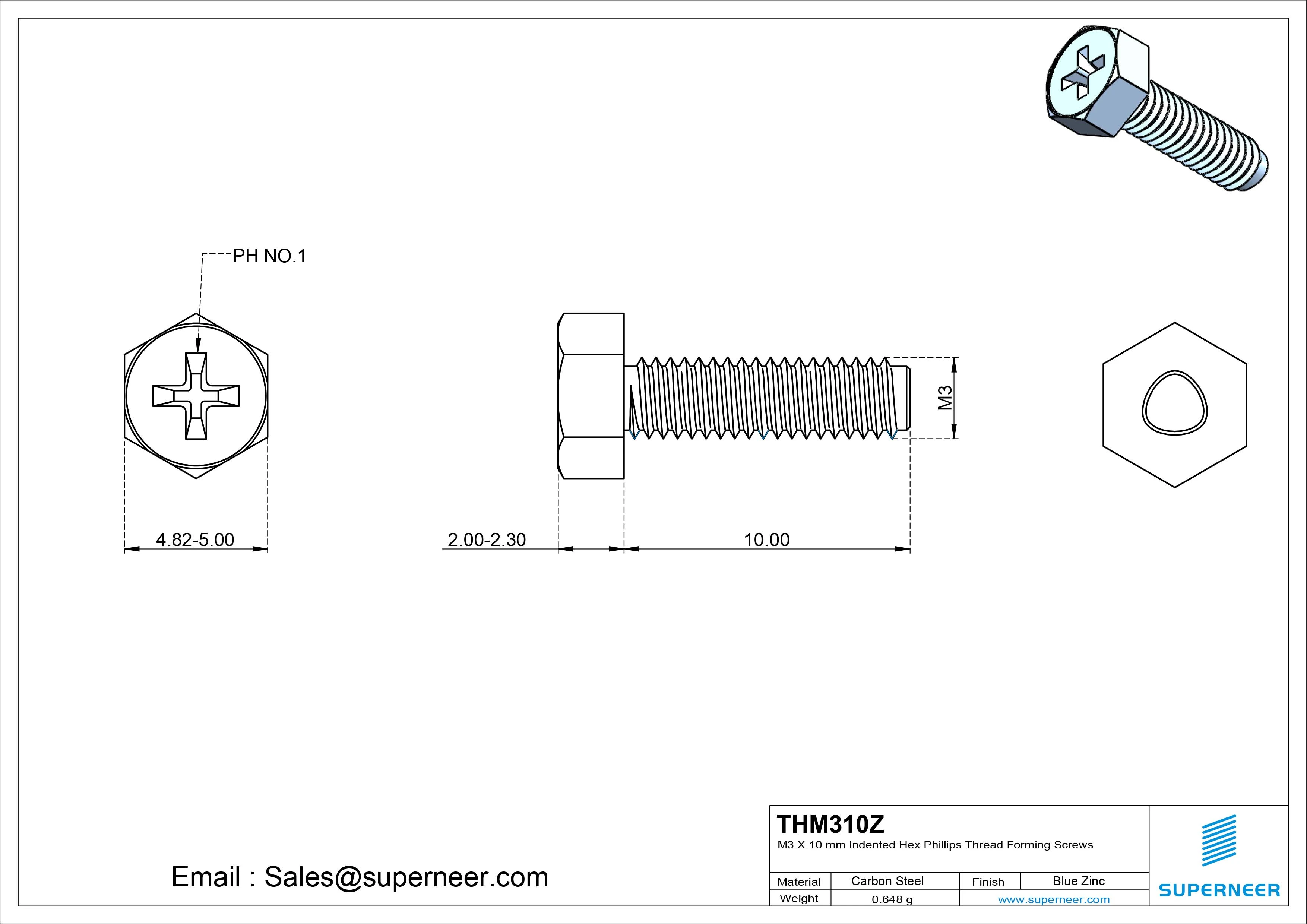 M3 &times; 10mm Indented Hex Phillips Thread Forming Screws for Metal Steel Blue Zinc Plated