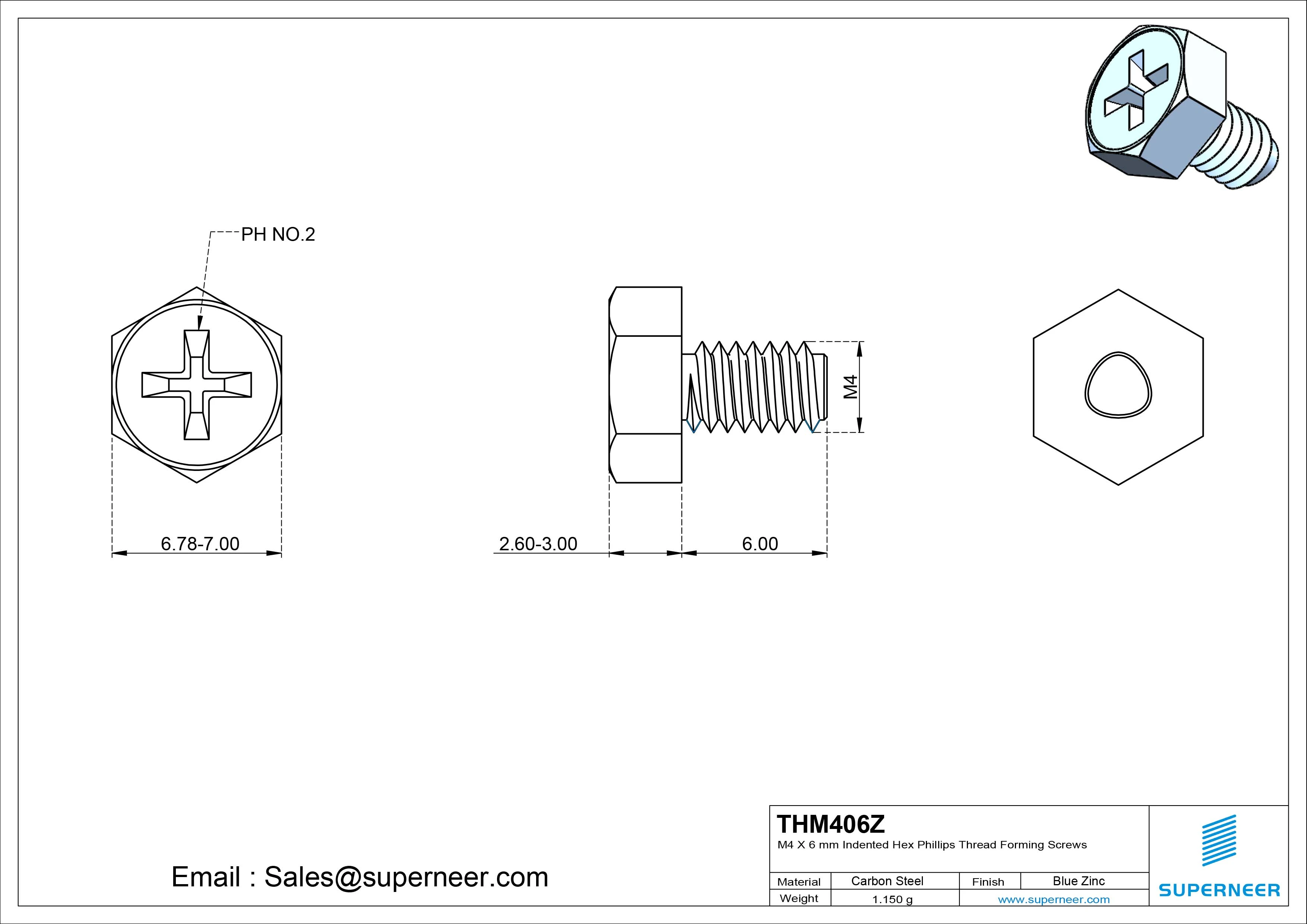 M4 &times; 6mm Indented Hex Phillips Thread Forming Screws for Metal Steel Blue Zinc Plated