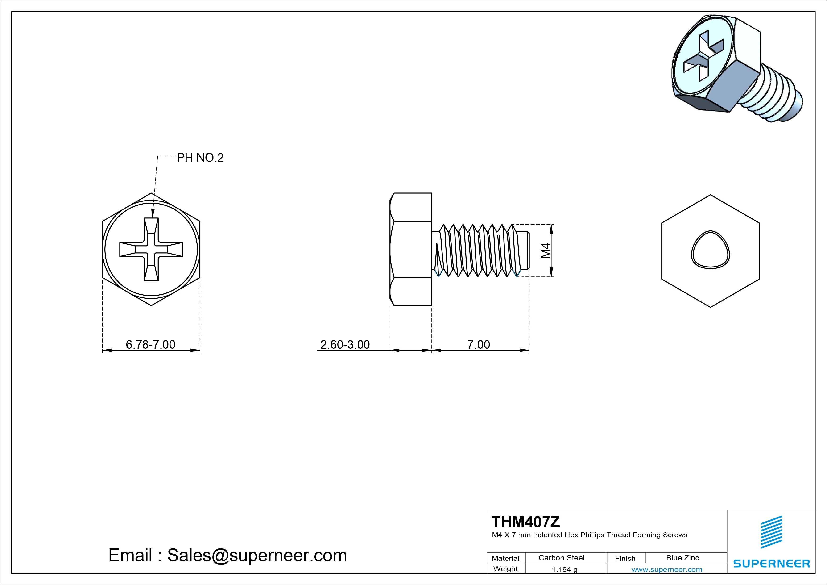M4 &times; 7mm Indented Hex Phillips Thread Forming Screws for Metal Steel Blue Zinc Plated