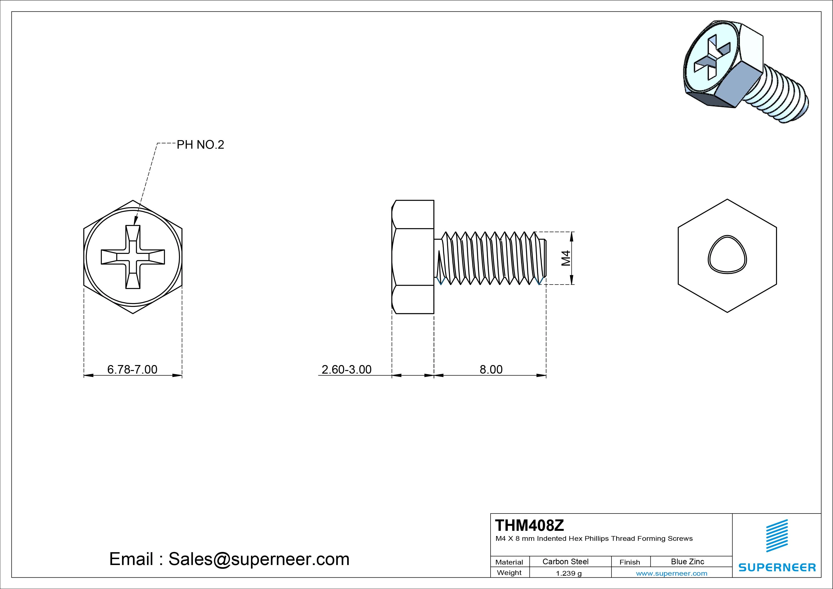 M4 &times; 8mm Indented Hex Phillips Thread Forming Screws for Metal Steel Blue Zinc Plated