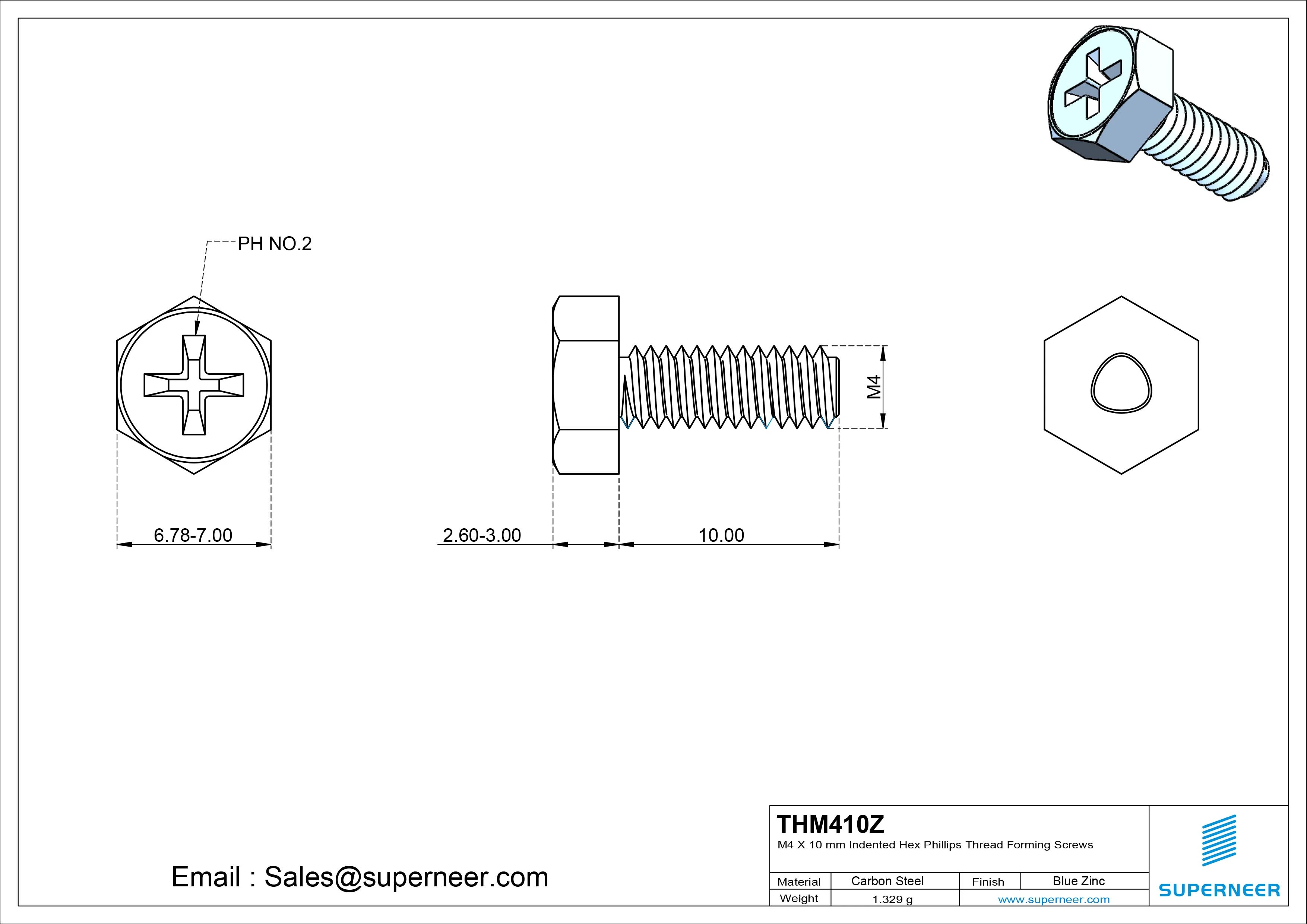 M4 &times; 10mm Indented Hex Phillips Thread Forming Screws for Metal Steel Blue Zinc Plated