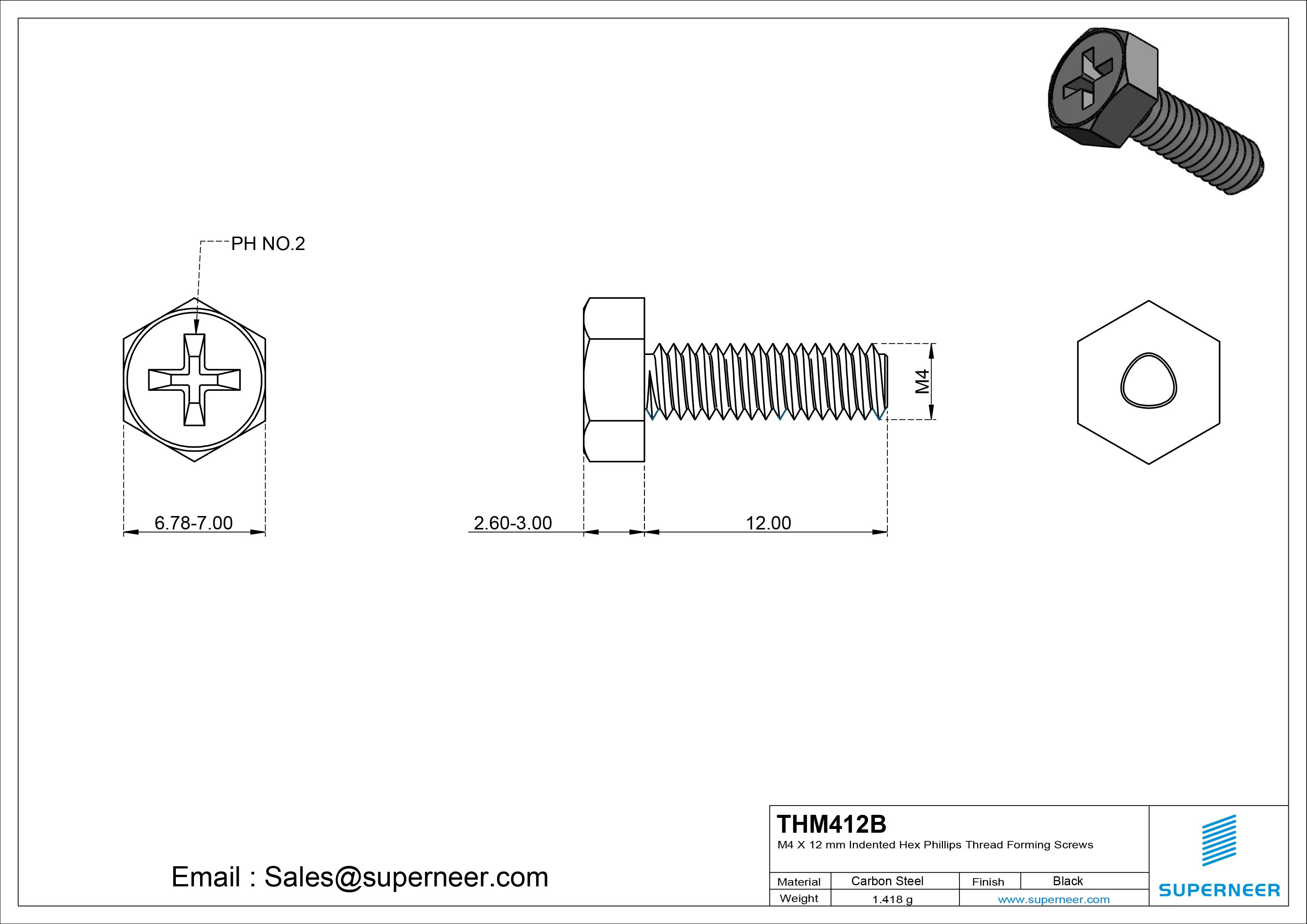 M4 &times; 12mm Indented Hex Phillips Thread Forming Screws for Metal Steel Black