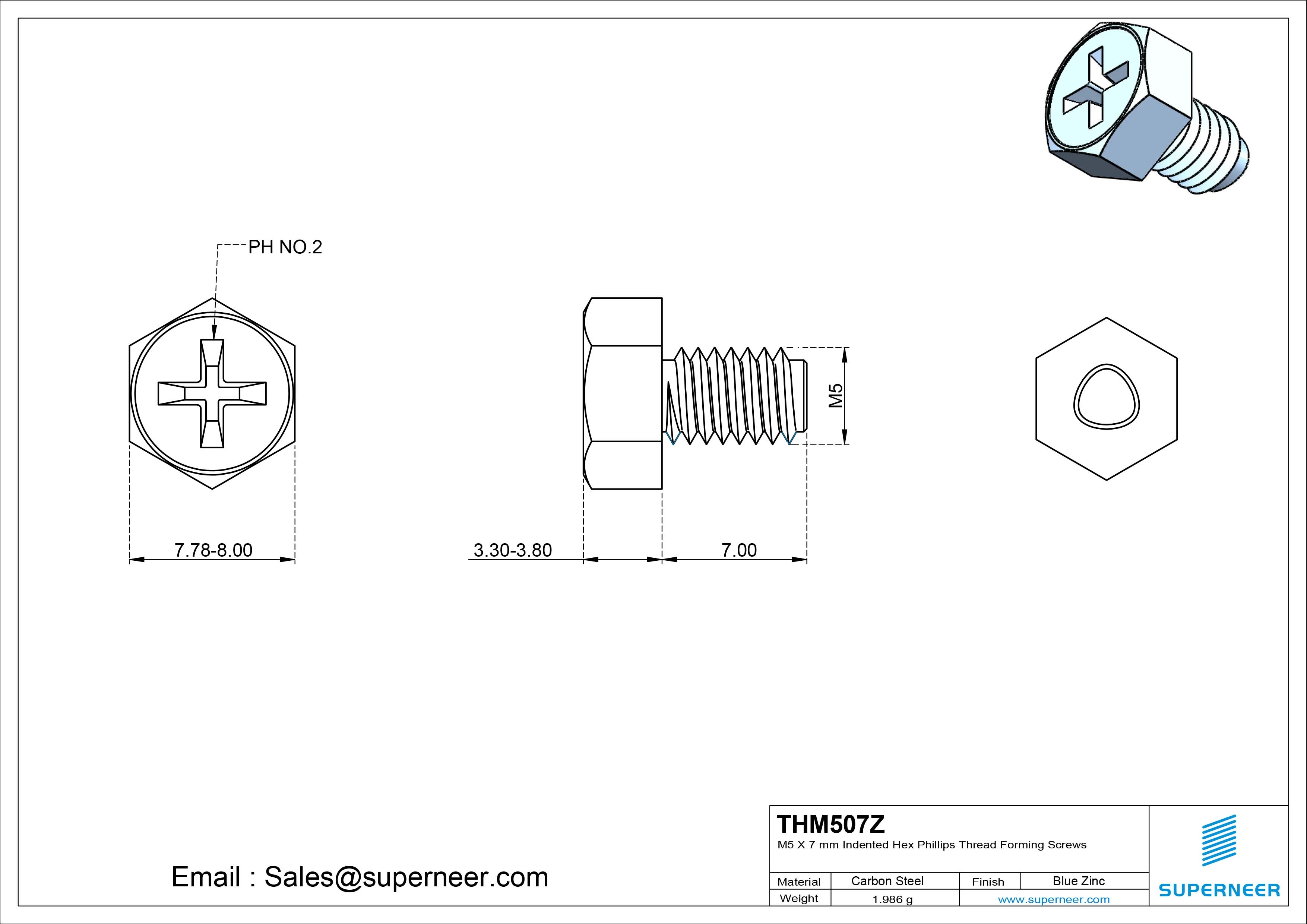 M5 &times; 7mm Indented Hex Phillips Thread Forming Screws for Metal Steel Blue Zinc Plated