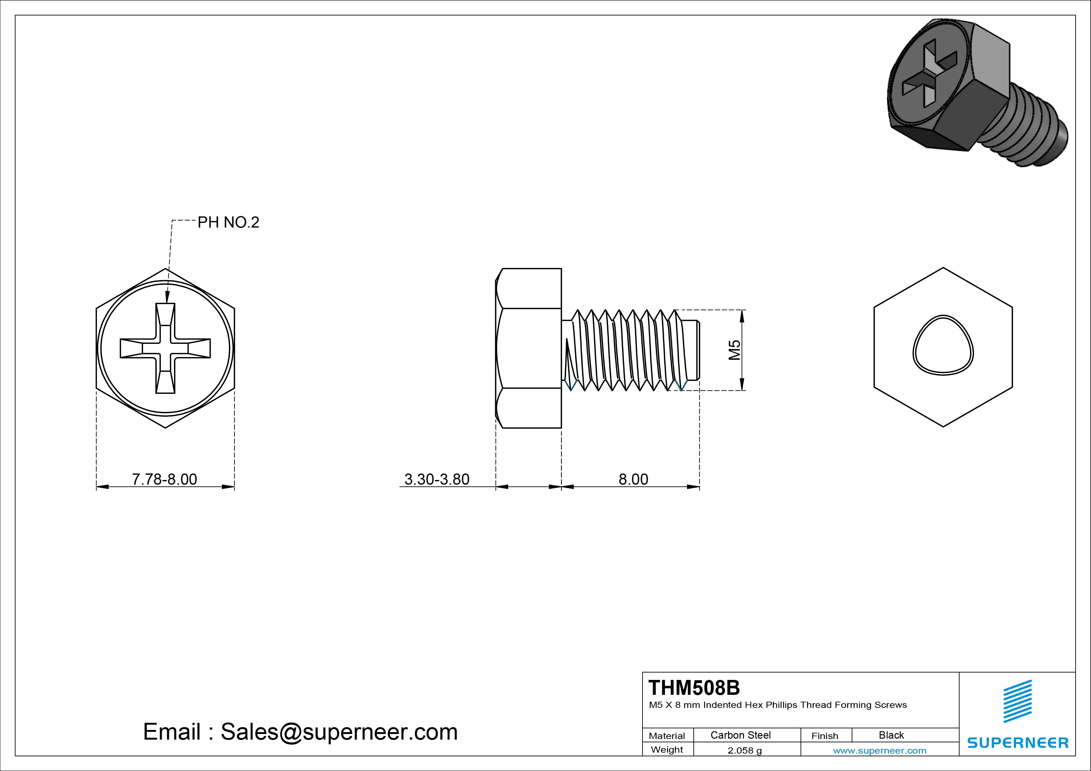 M5 &times; 8mm Indented Hex Phillips Thread Forming Screws for Metal Steel Black