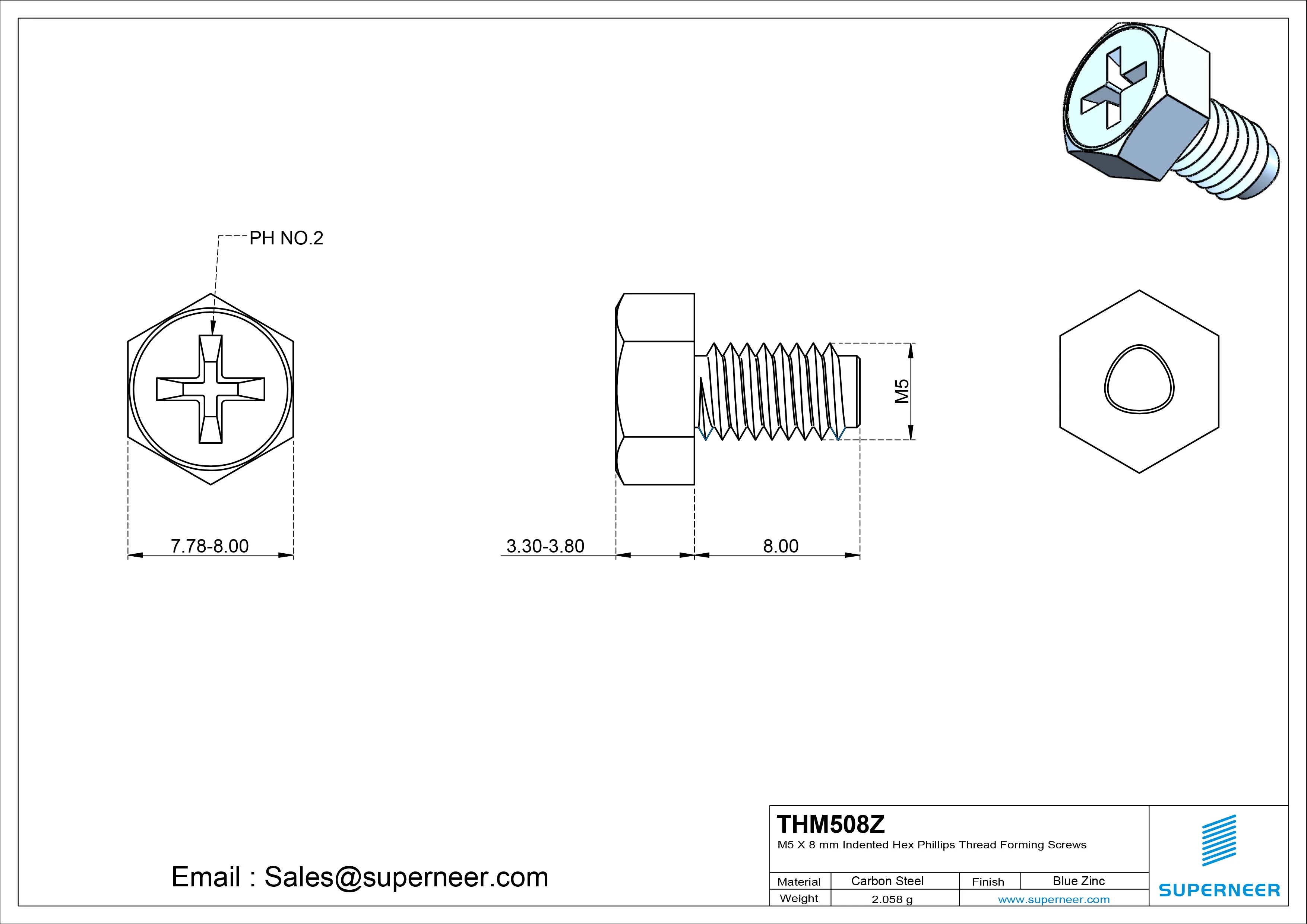 M5 &times; 8mm Indented Hex Phillips Thread Forming Screws for Metal Steel Blue Zinc Plated