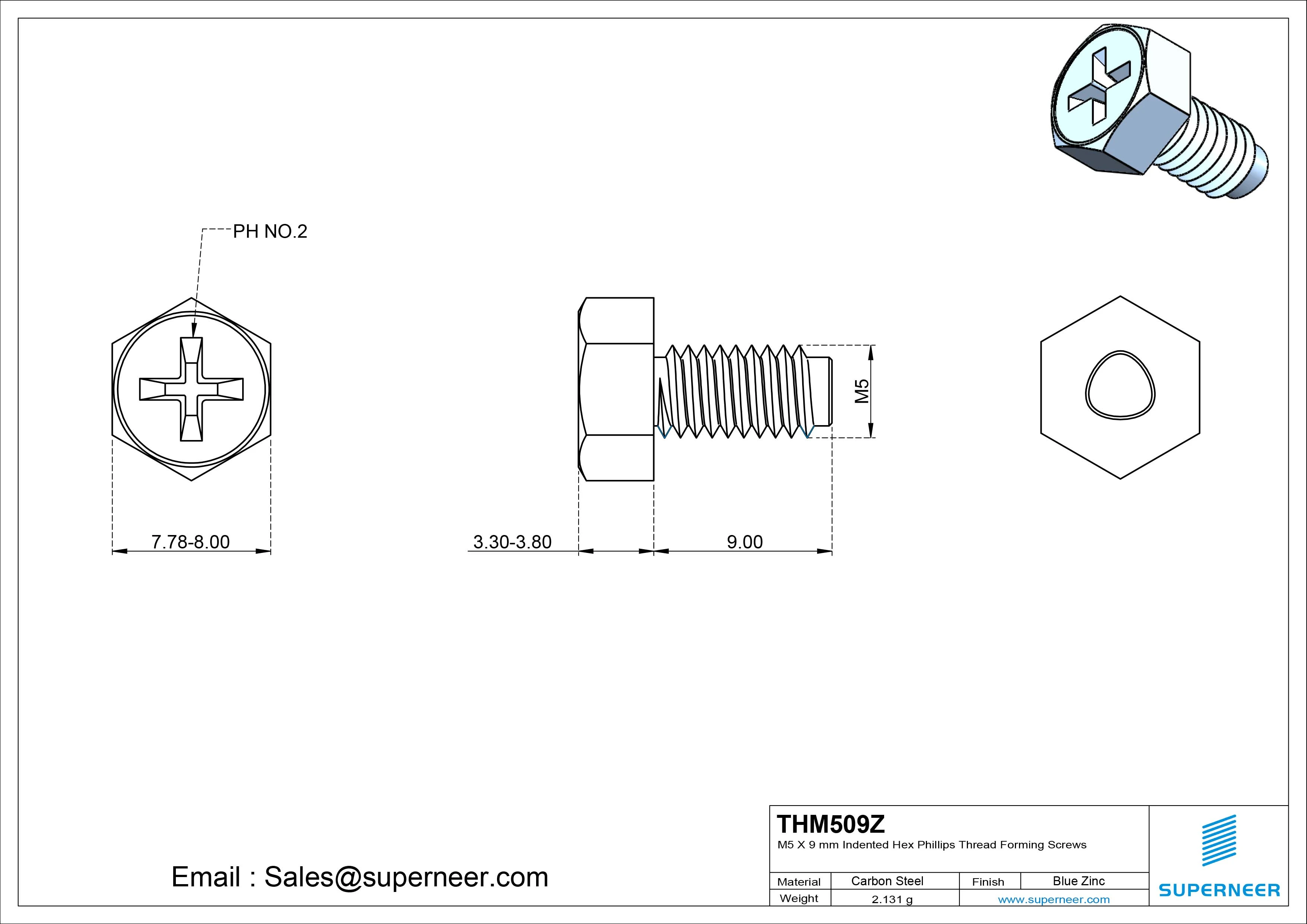 M5 &times; 9mm Indented Hex Phillips Thread Forming Screws for Metal Steel Blue Zinc Plated