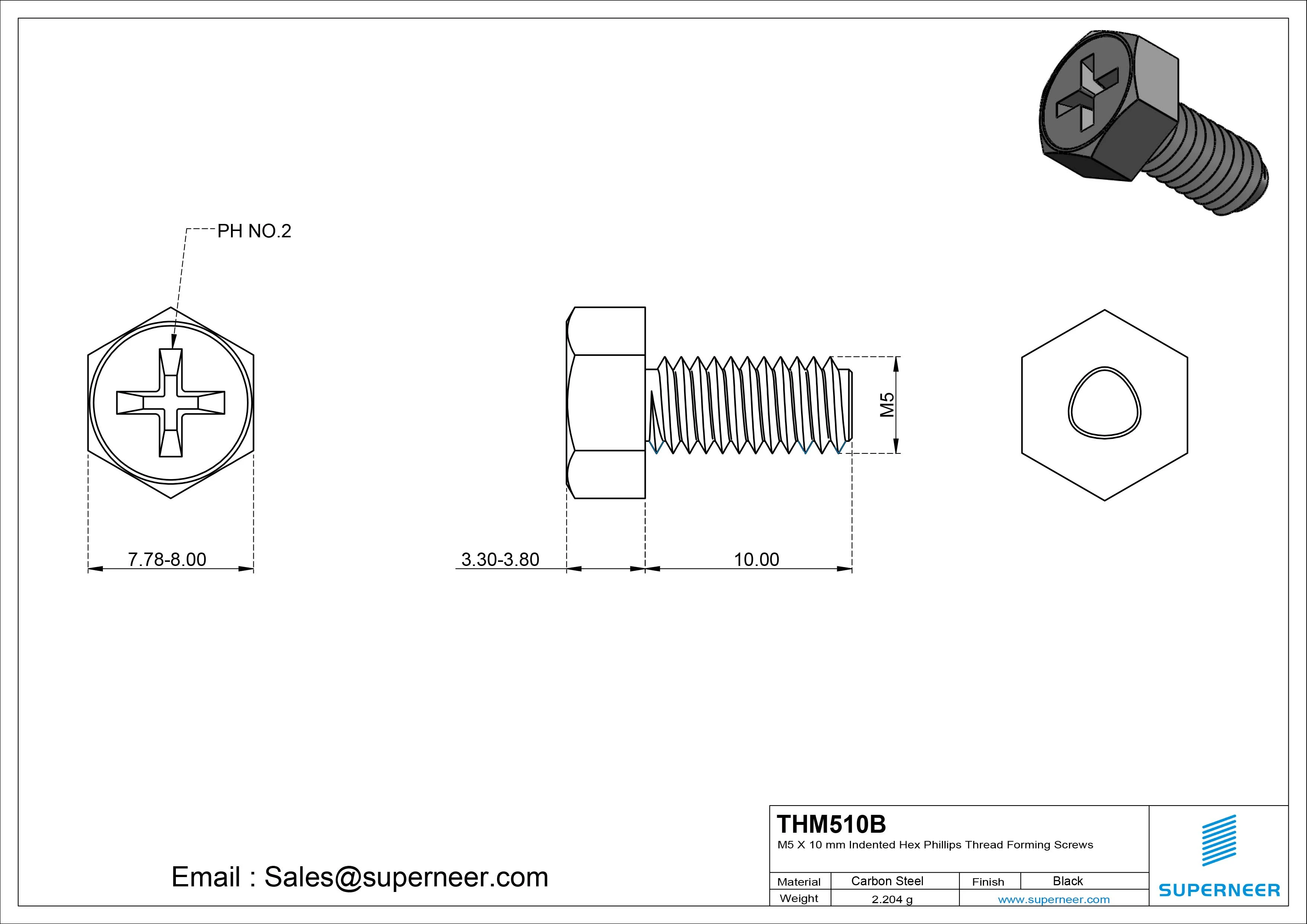 M5 &times; 10mm Indented Hex Phillips Thread Forming Screws for Metal Steel Black