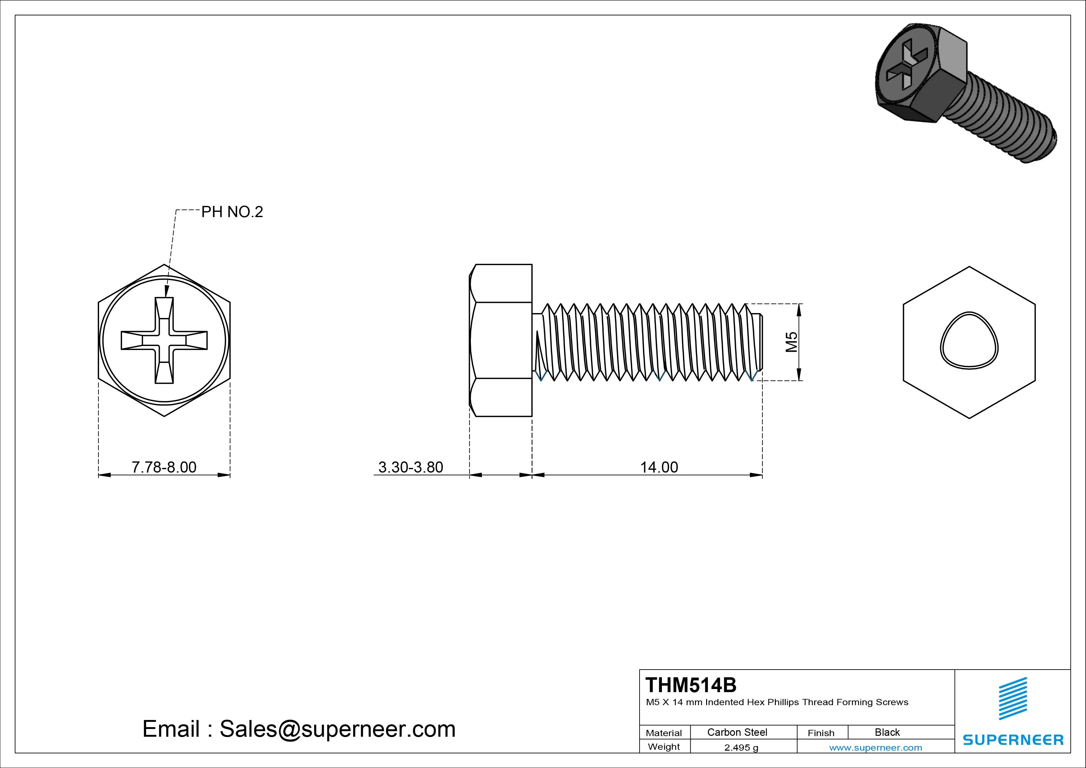 M5 &times; 14mm Indented Hex Phillips Thread Forming Screws for Metal Steel Black