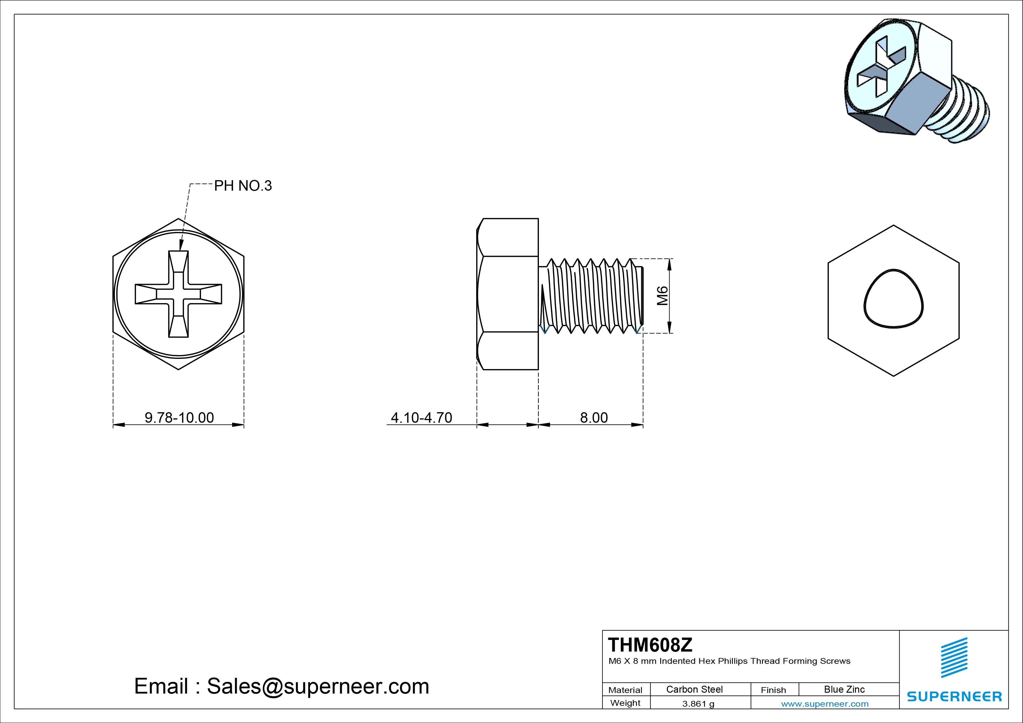 M6 &times; 8mm Indented Hex Phillips Thread Forming Screws for Metal Steel Blue Zinc Plated