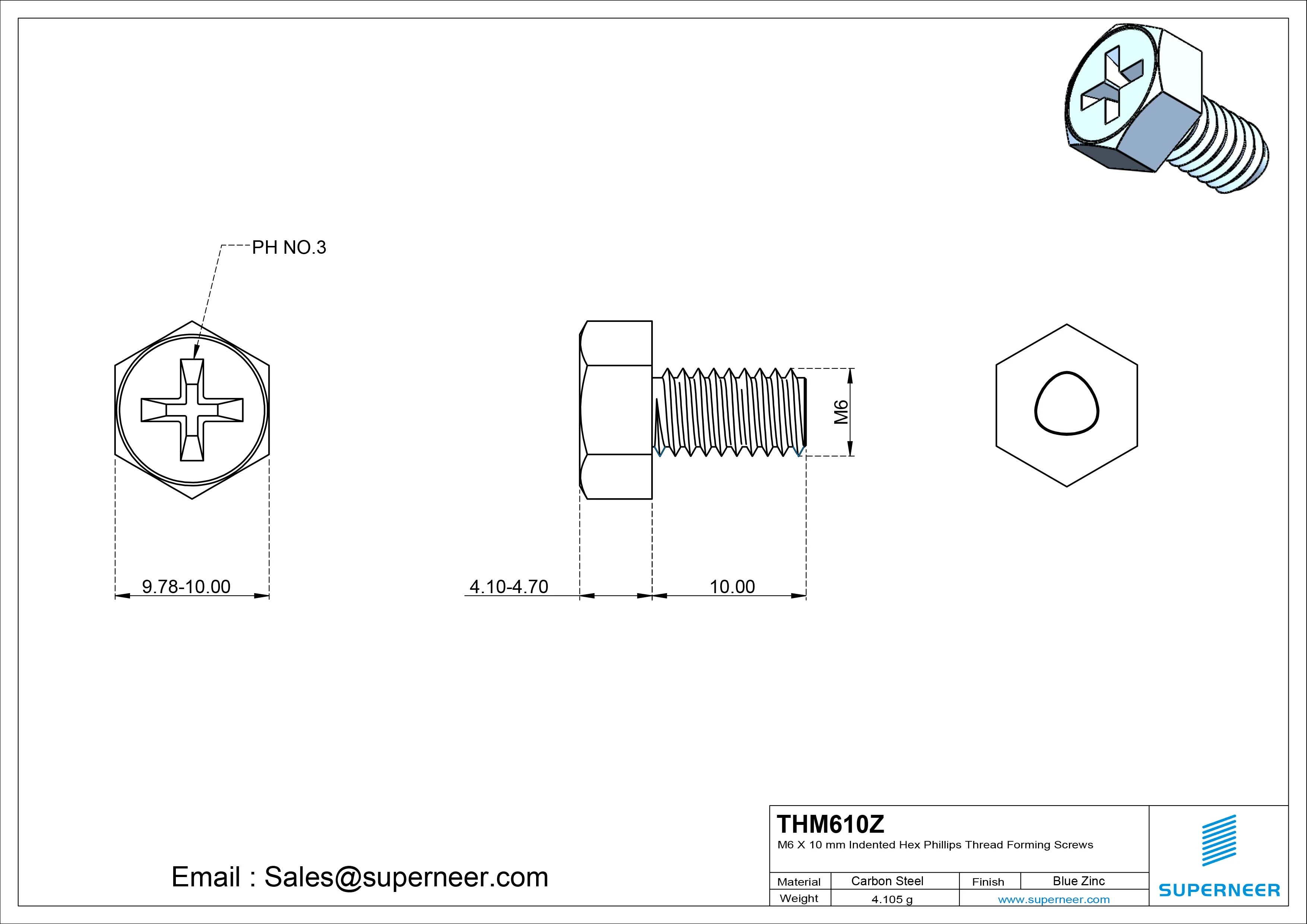 M6 &times; 10mm Indented Hex Phillips Thread Forming Screws for Metal Steel Blue Zinc Plated