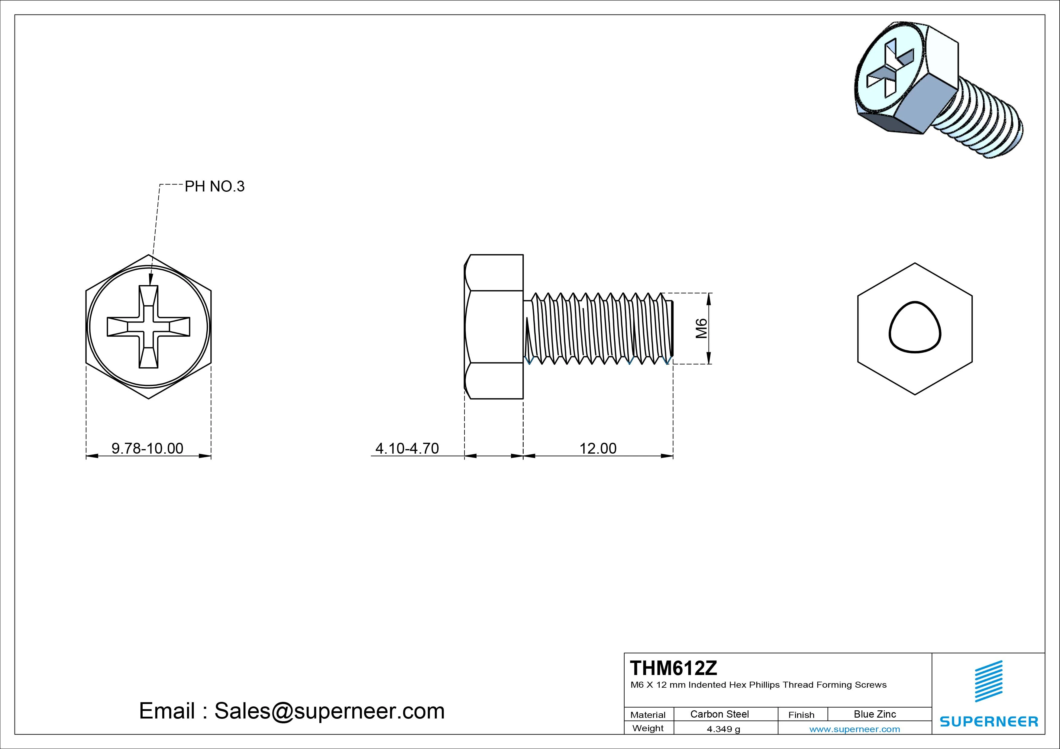M6 &times; 12mm Indented Hex Phillips Thread Forming Screws for Metal Steel Blue Zinc Plated