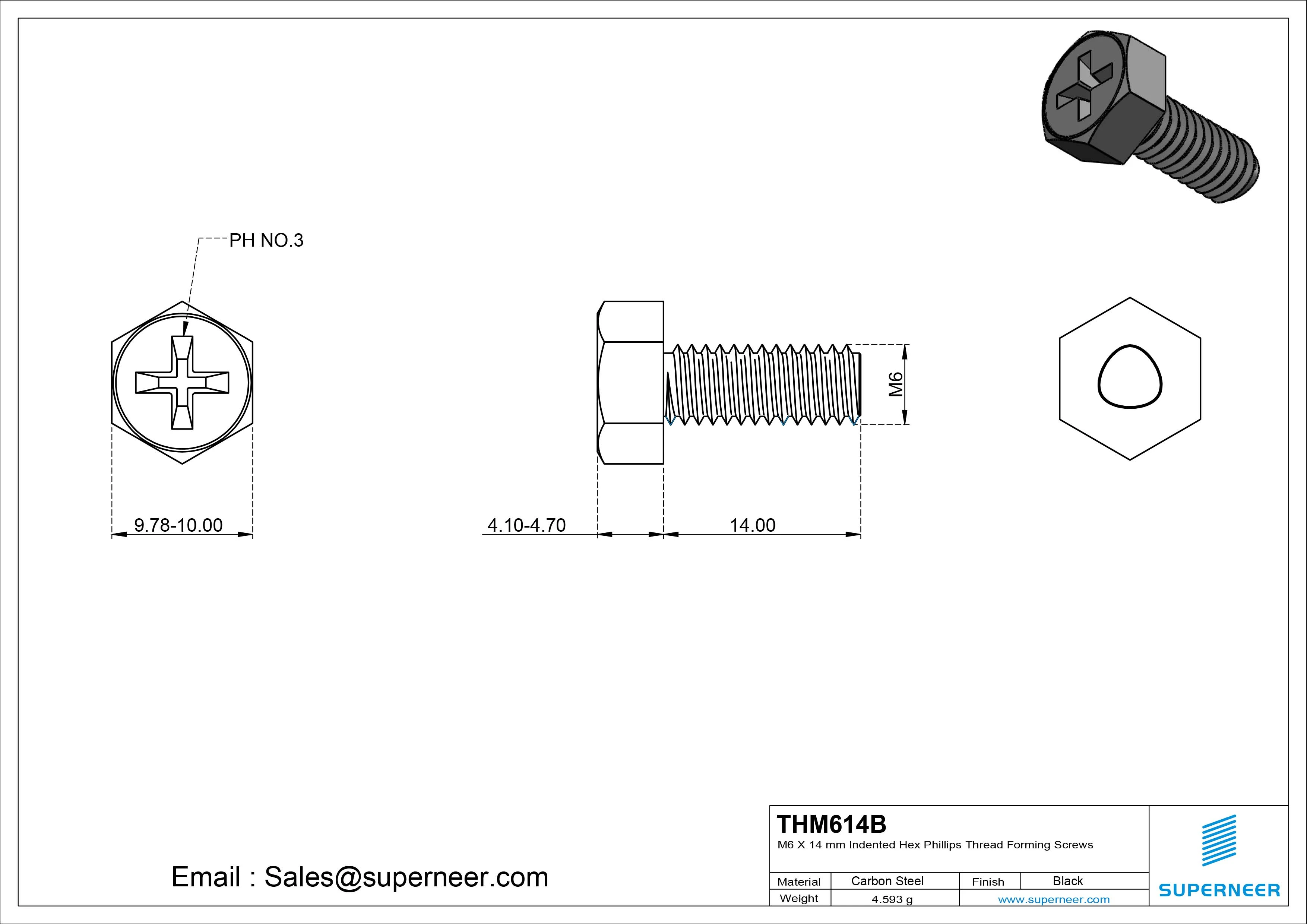 M6 &times; 14mm Indented Hex Phillips Thread Forming Screws for Metal Steel Black