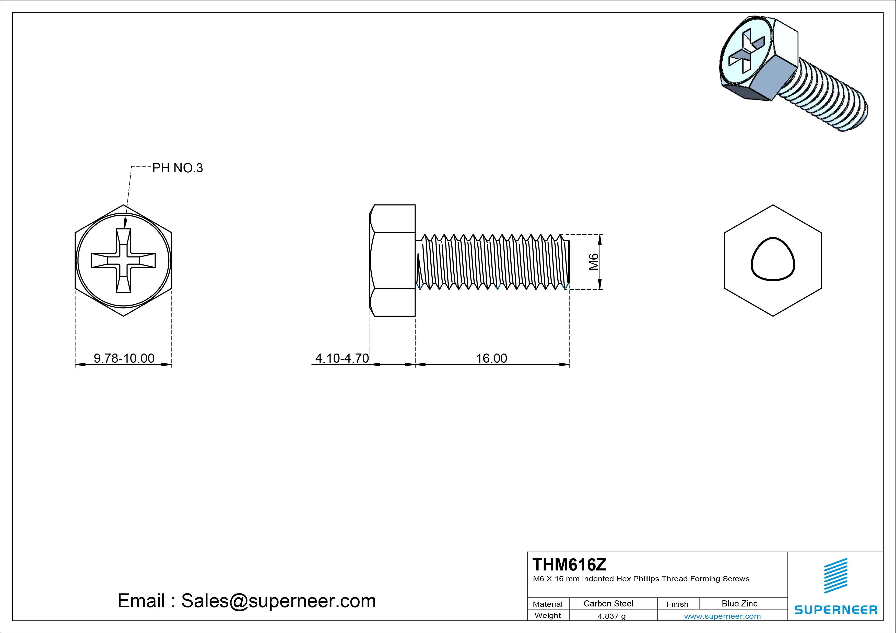 M6 &times; 16mm Indented Hex Phillips Thread Forming Screws for Metal Steel Blue Zinc Plated
