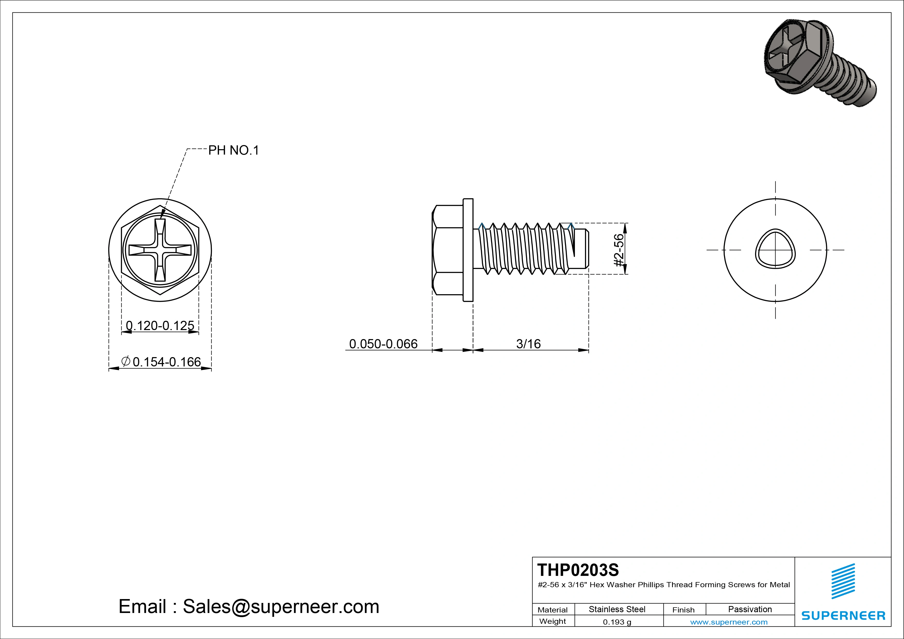 2-56 &times; 3/16 Hex Washer Phillips Thread Forming  Screws for Metal  SUS304 Stainless Steel Inox