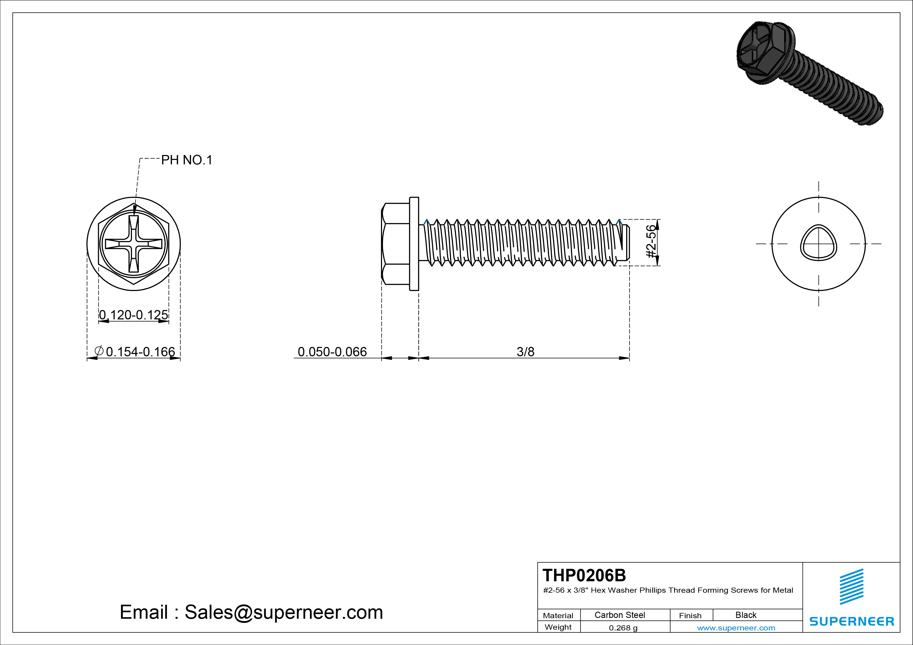 2-56 &times; 3/8 Hex Washer Phillips Thread Forming  Screws for Metal  Steel Black