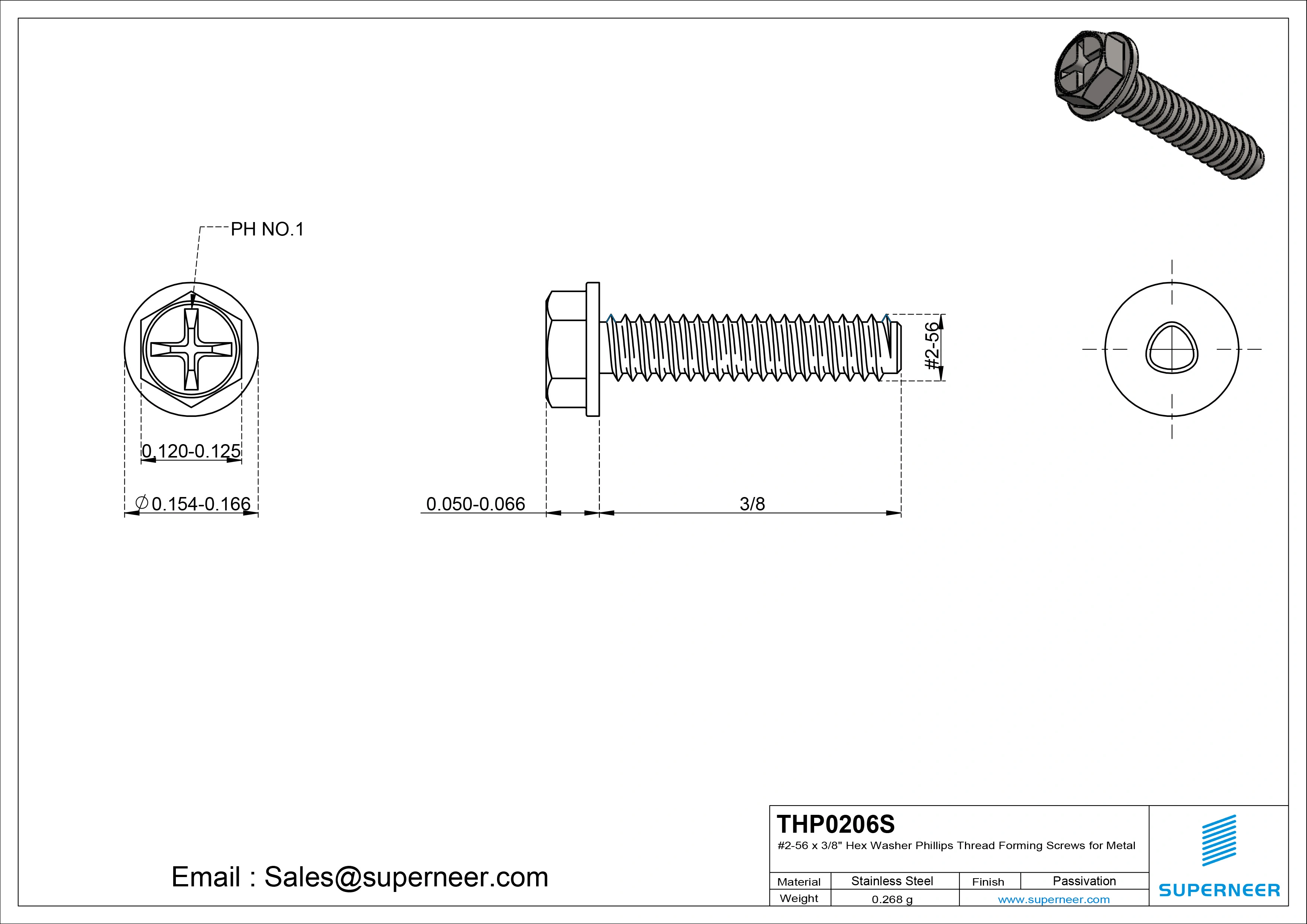 2-56 &times; 3/8 Hex Washer Phillips Thread Forming  Screws for Metal  SUS304 Stainless Steel Inox