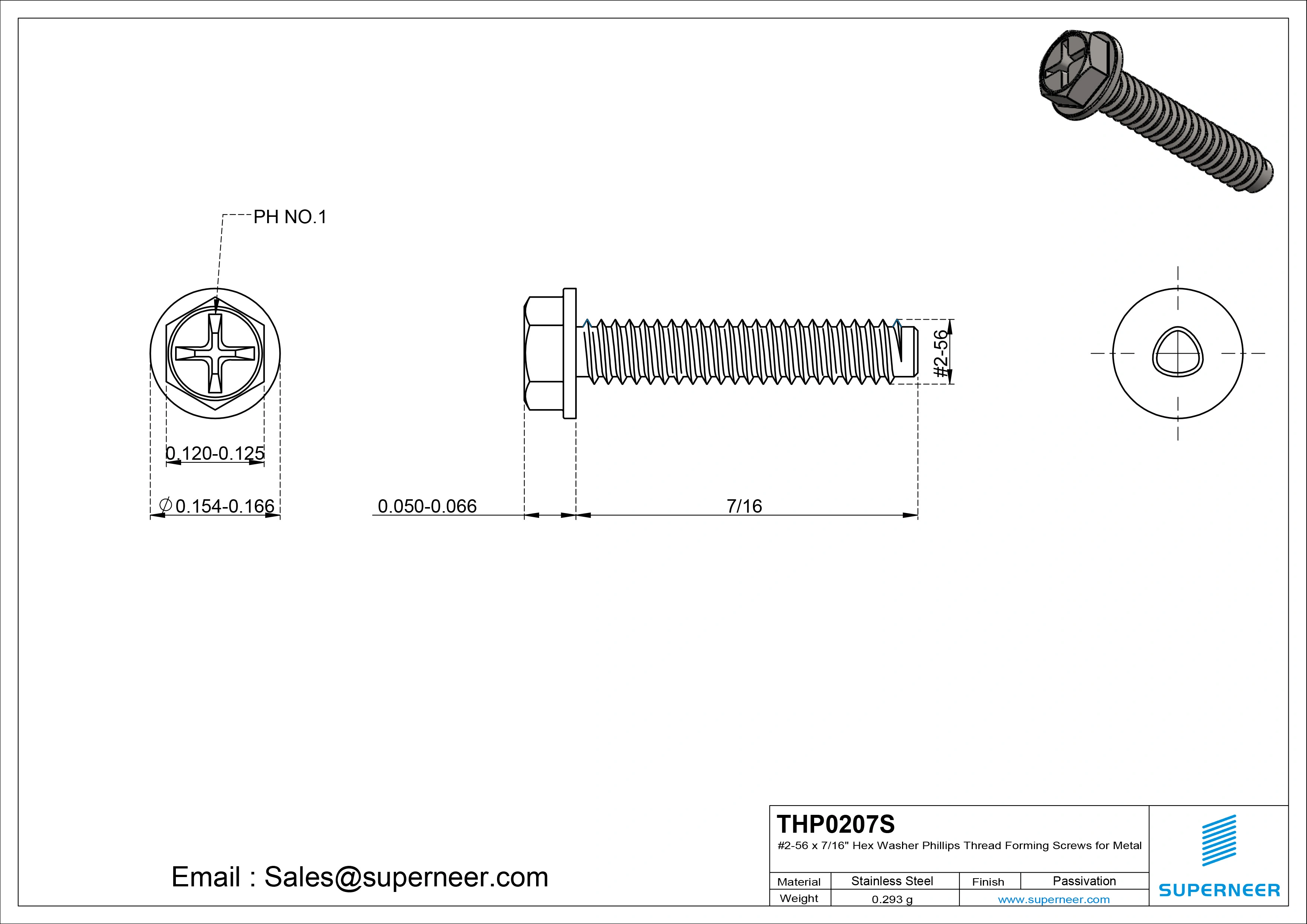 2-56 &times; 7/16 Hex Washer Phillips Thread Forming  Screws for Metal  SUS304 Stainless Steel Inox