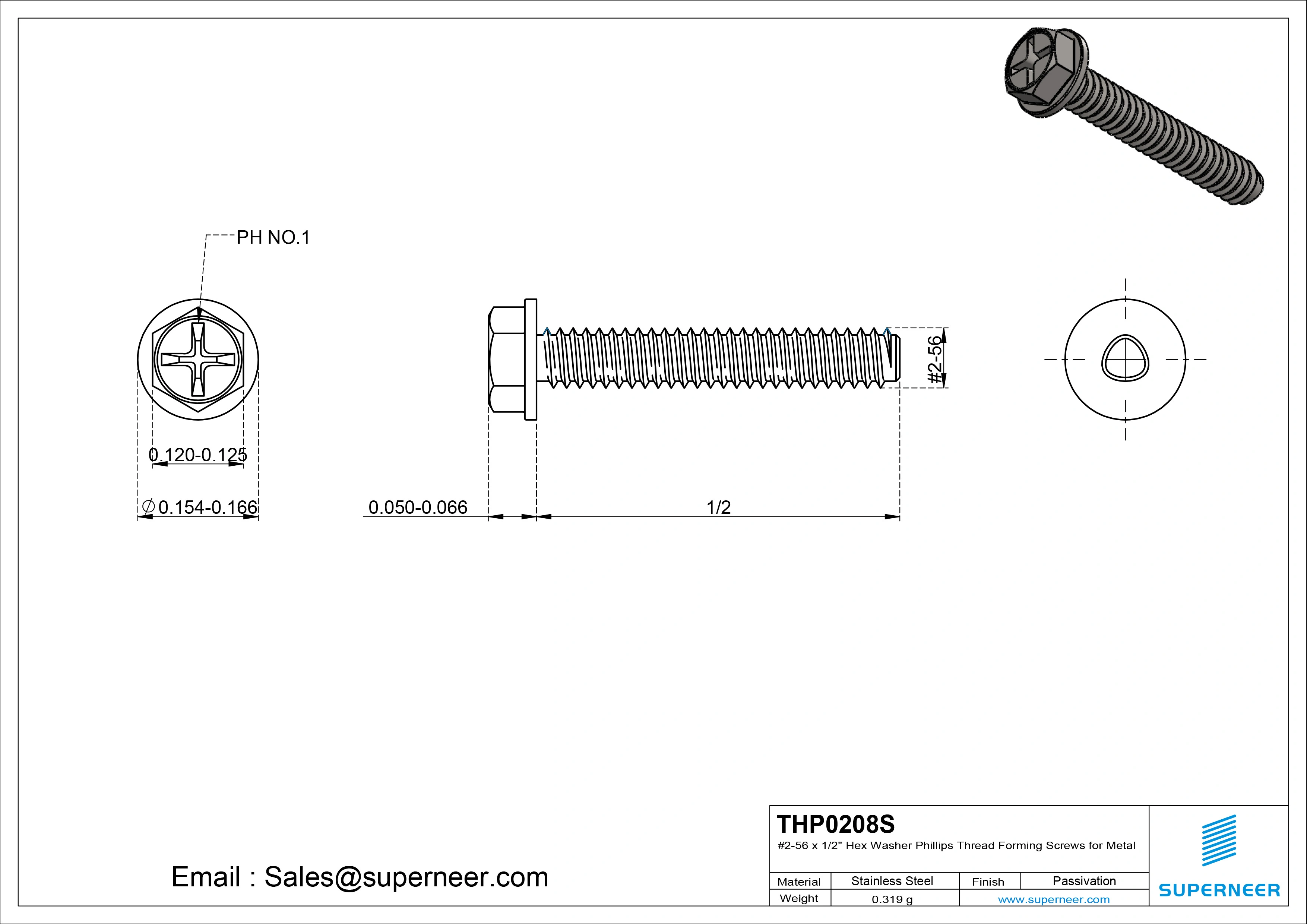 2-56 &times; 1/2 Hex Washer Phillips Thread Forming  Screws for Metal  SUS304 Stainless Steel Inox