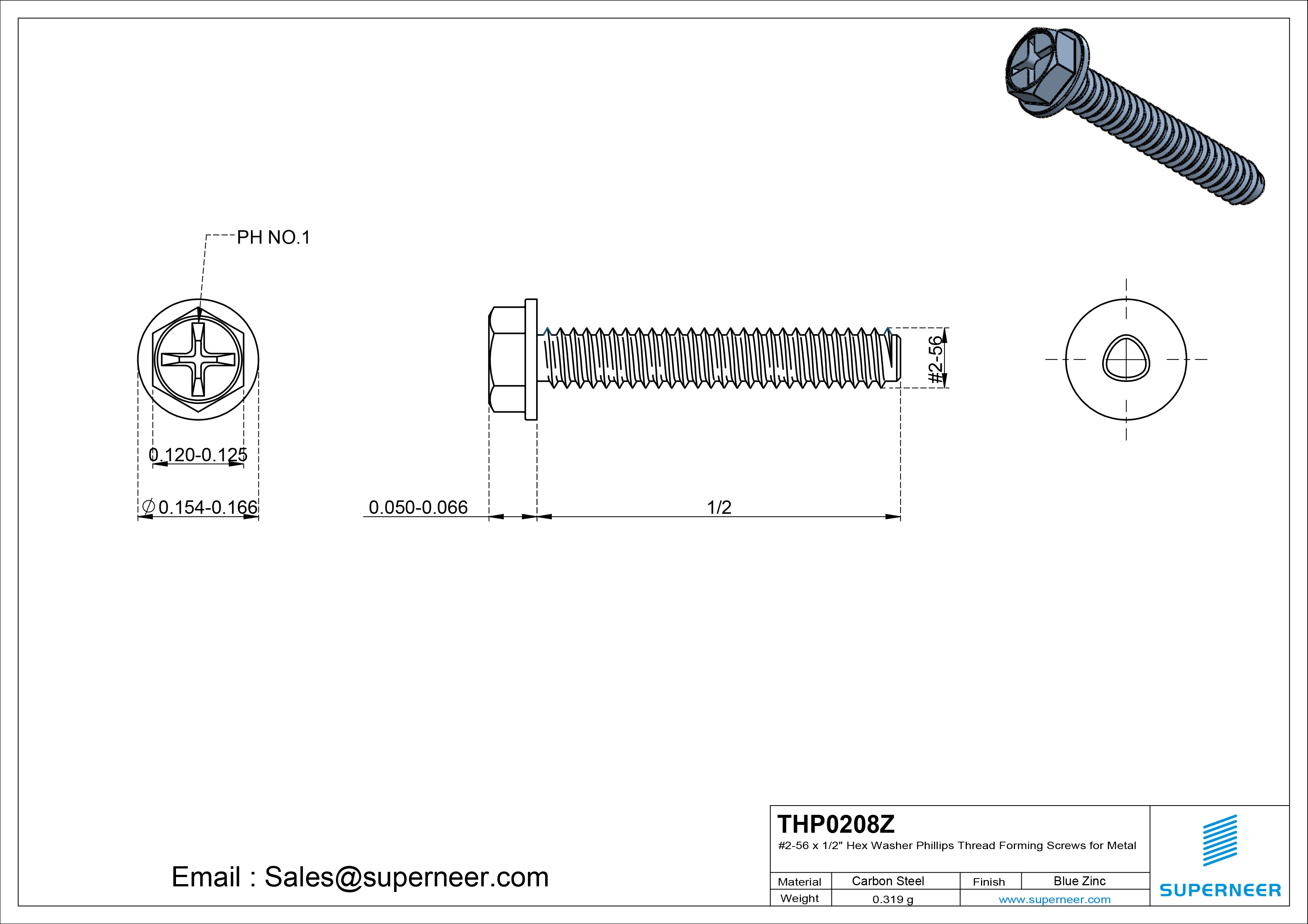 2-56 &times; 1/2 Hex Washer Phillips Thread Forming  Screws for Metal  Steel Blue Zinc Plated