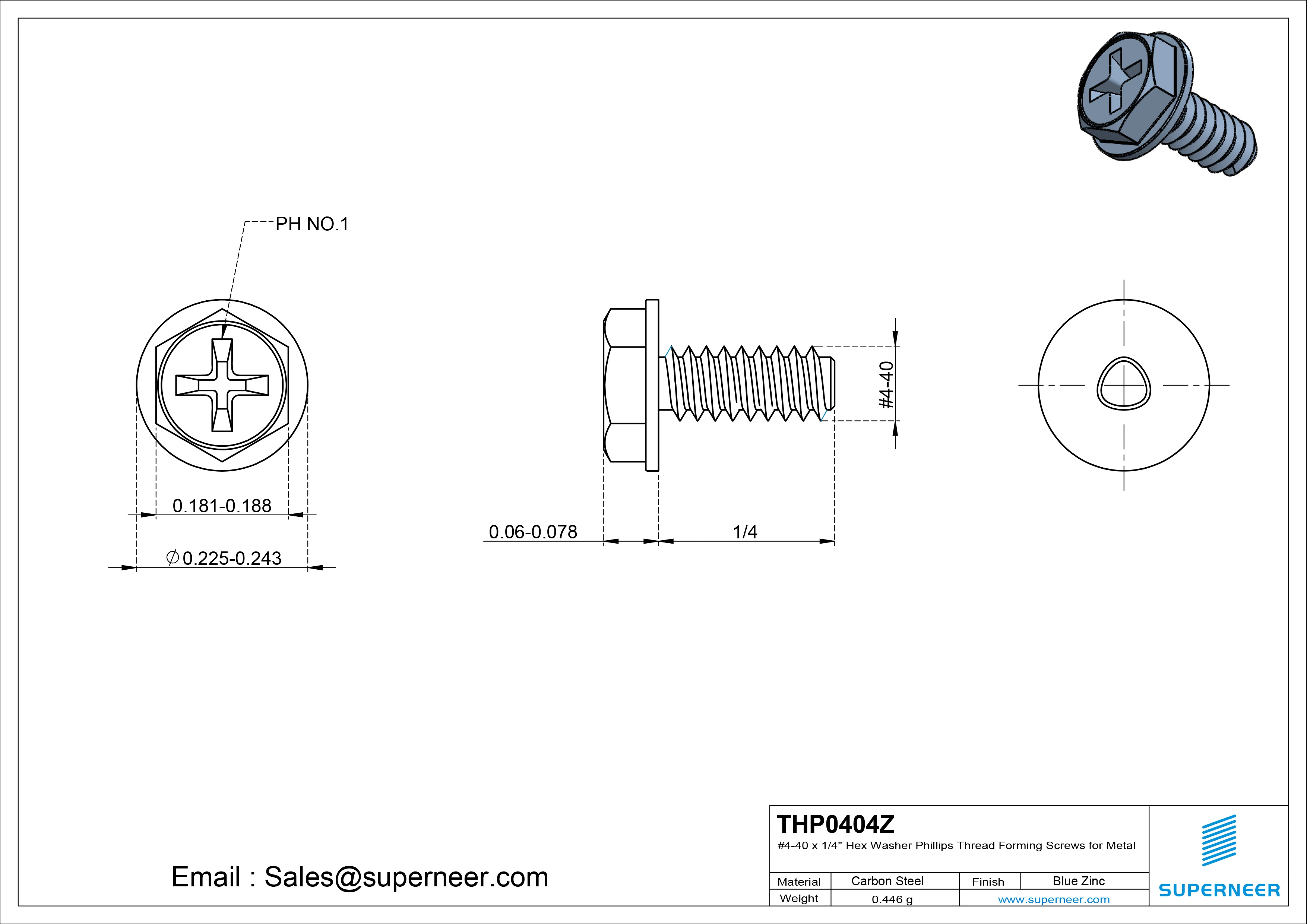 4-40 &times; 1/4 Hex Washer Phillips Thread Forming  Screws for Metal  Steel Blue Zinc Plated