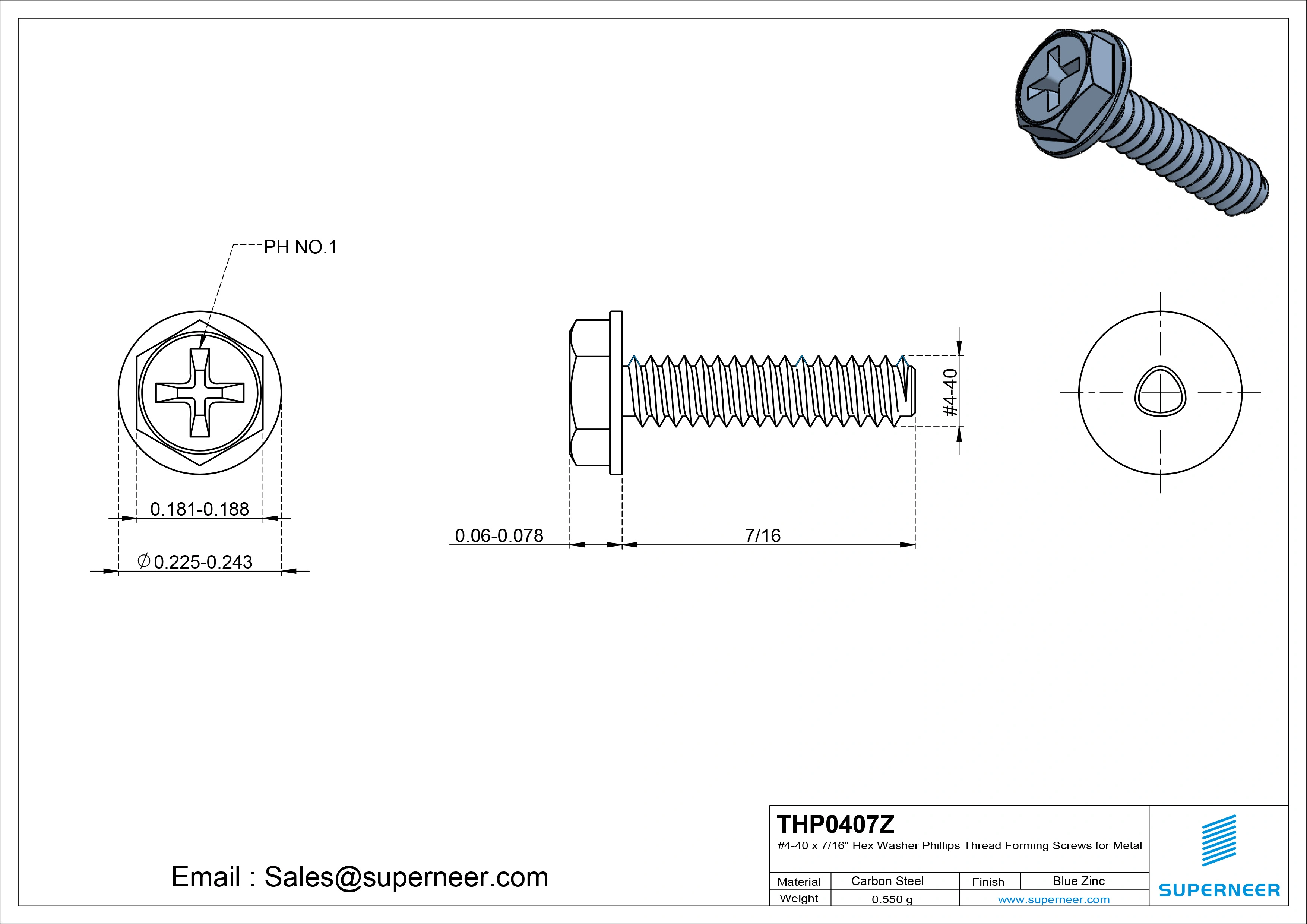 4-40 &times; 7/16 Hex Washer Phillips Thread Forming  Screws for Metal  Steel Blue Zinc Plated
