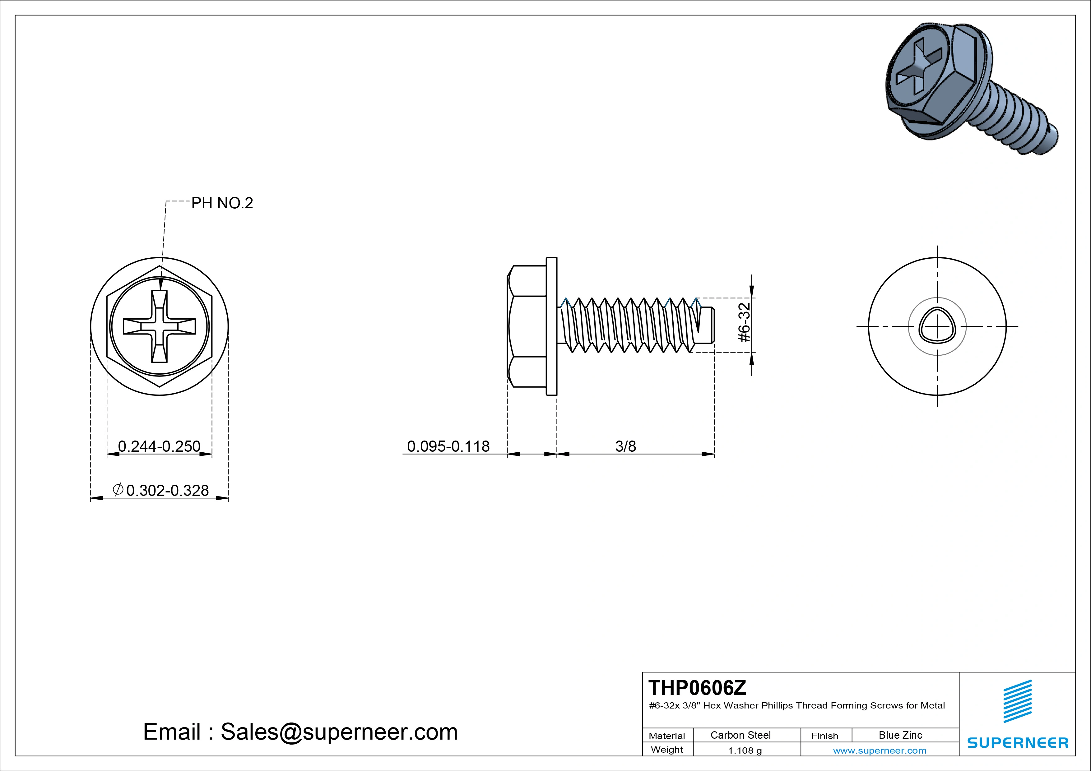 6-32 &times; 3/8 Hex Washer Phillips Thread Forming  Screws for Metal  Steel Blue Zinc Plated