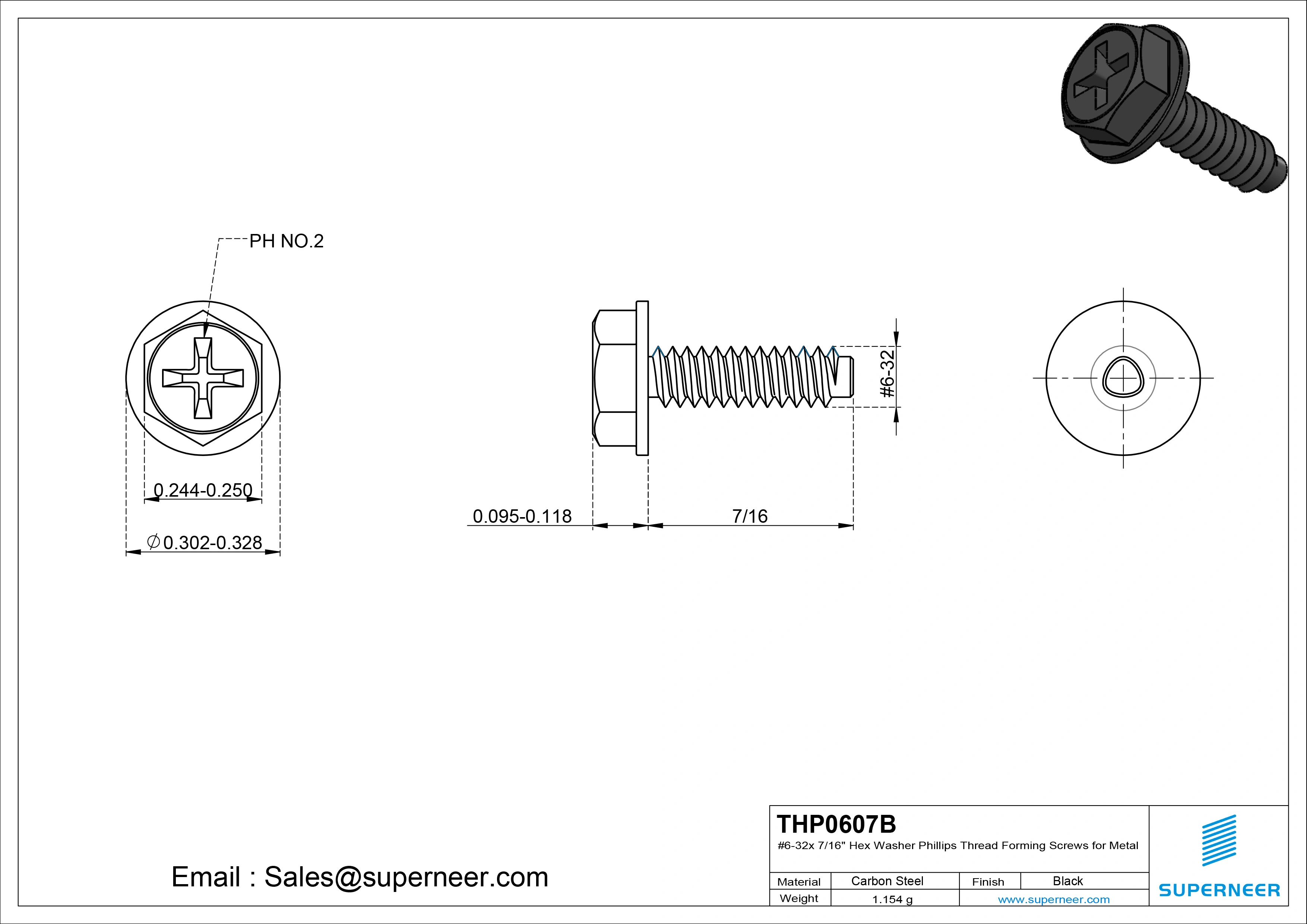 6-32 &times; 7/16 Hex Washer Phillips Thread Forming  Screws for Metal  Steel Black
