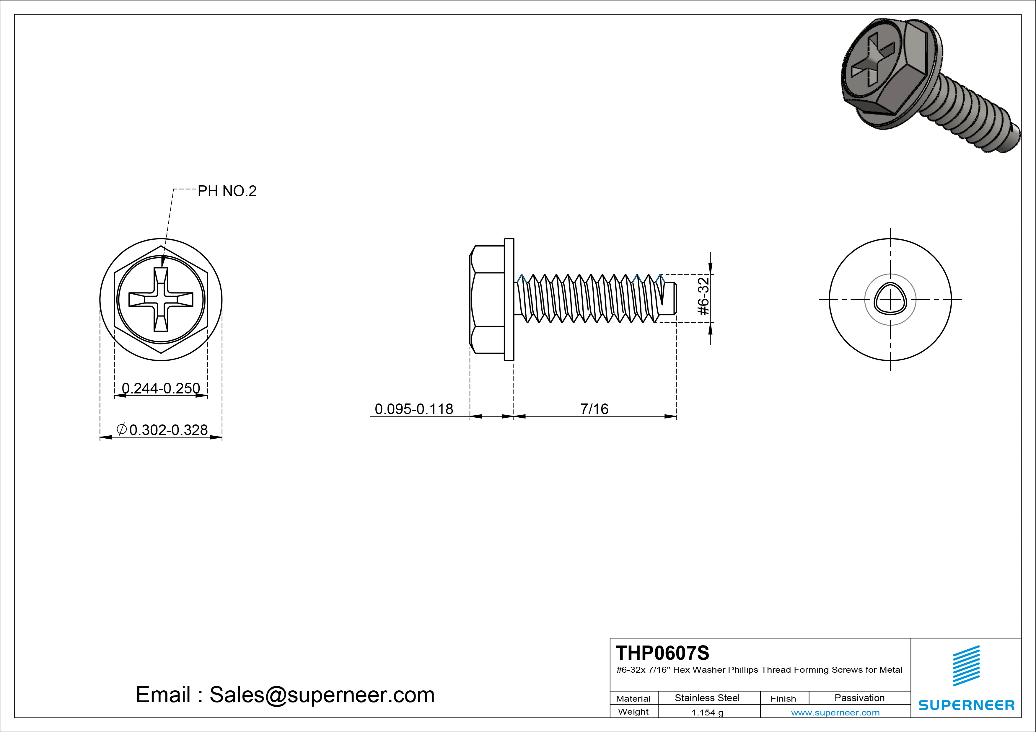 6-32 &times; 7/16 Hex Washer Phillips Thread Forming  Screws for Metal  SUS304 Stainless Steel Inox