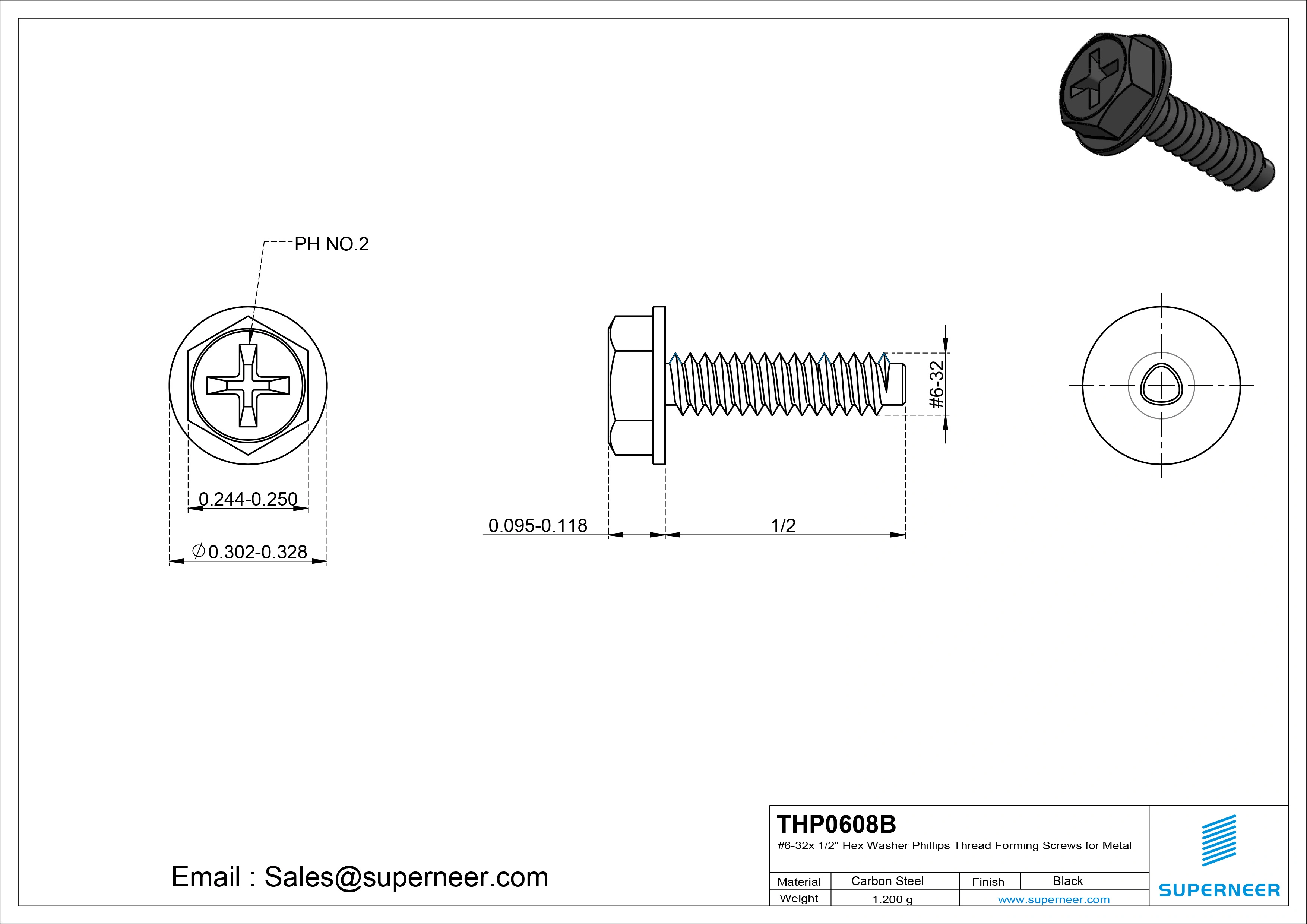6-32 &times; 1/2 Hex Washer Phillips Thread Forming  Screws for Metal  Steel Black