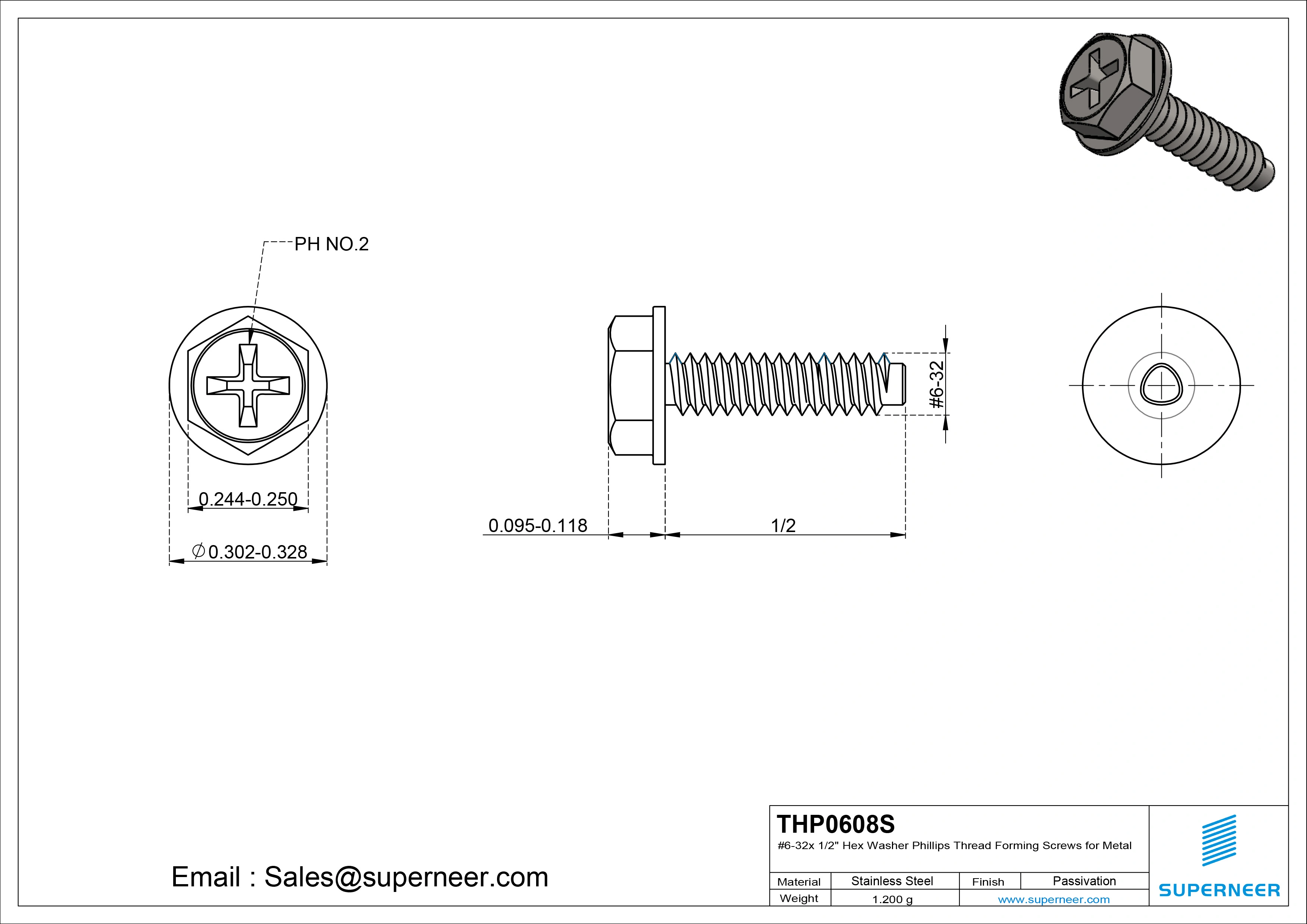 6-32 &times; 1/2 Hex Washer Phillips Thread Forming  Screws for Metal  SUS304 Stainless Steel Inox