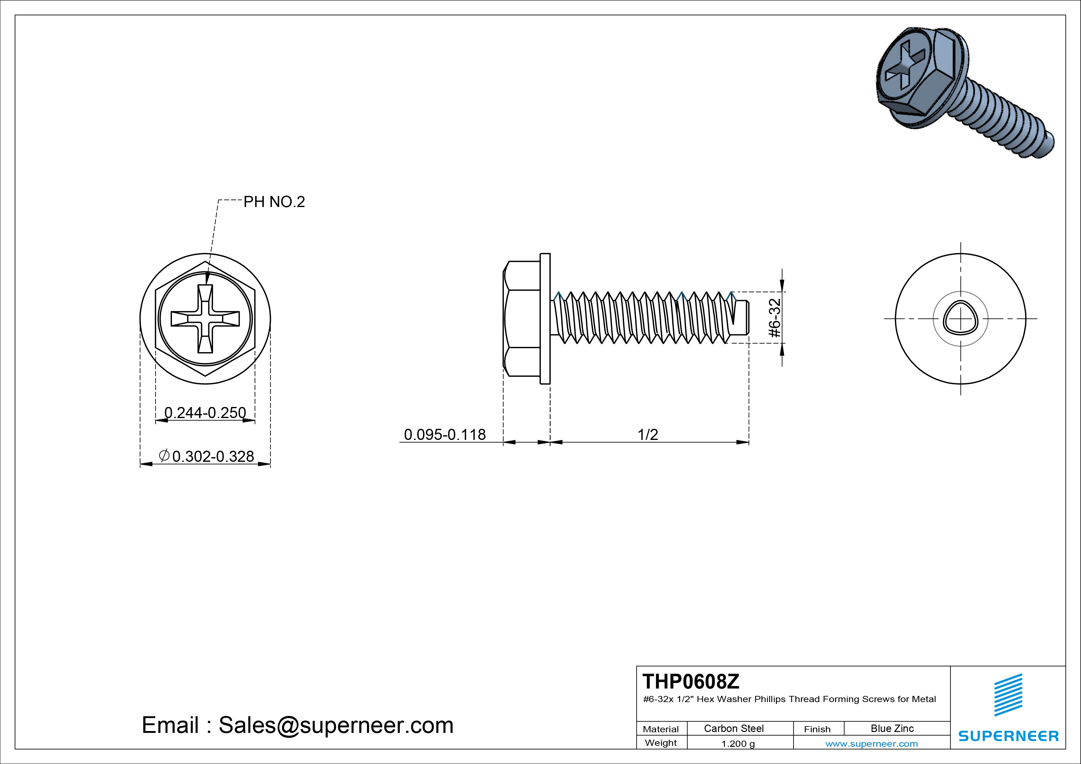 6-32 &times; 1/2 Hex Washer Phillips Thread Forming  Screws for Metal  Steel Blue Zinc Plated